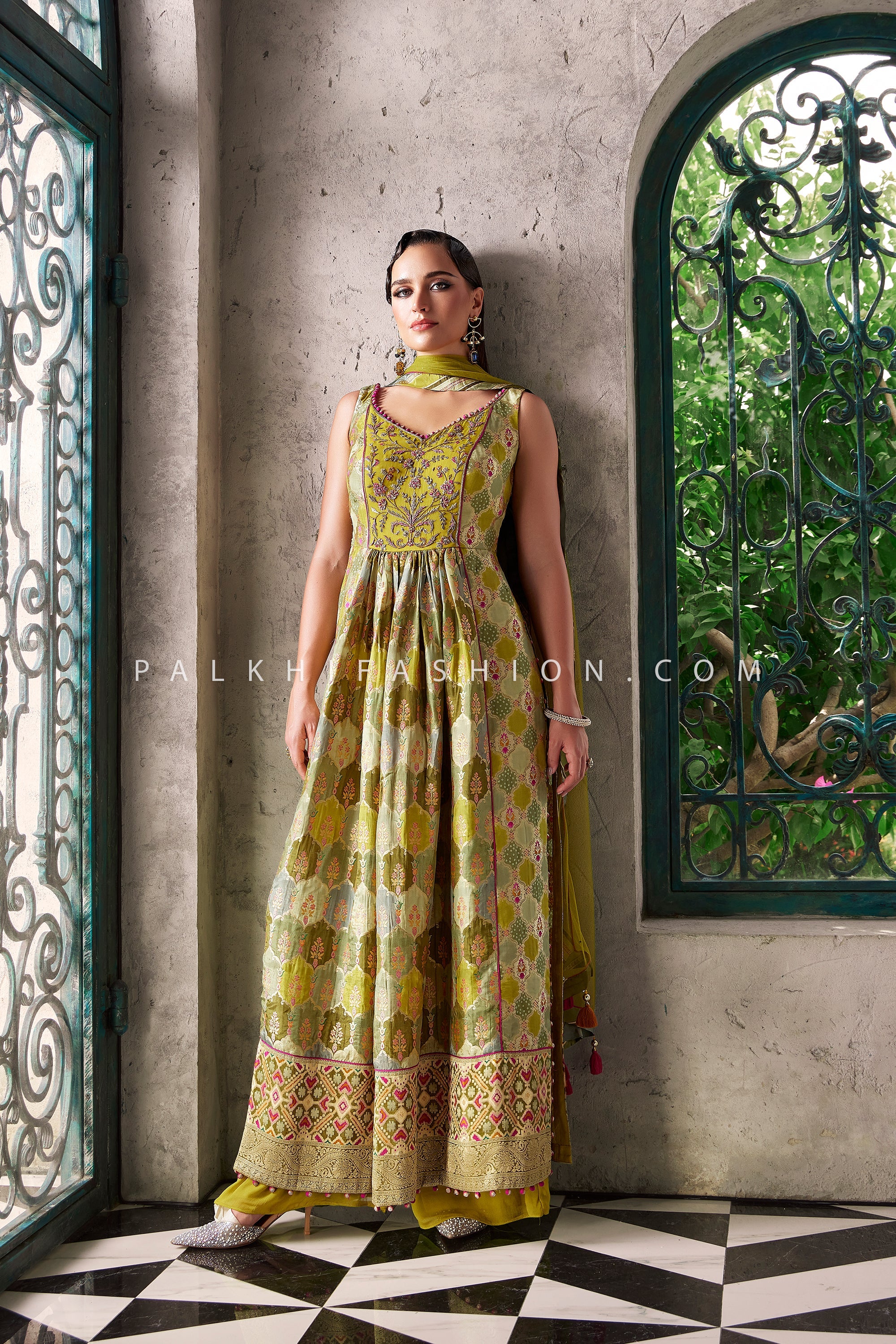 Lime Zari Bloom: Multicolor Banarasi Naira Cut Palazzo Set – Palkhi Fashion Houston