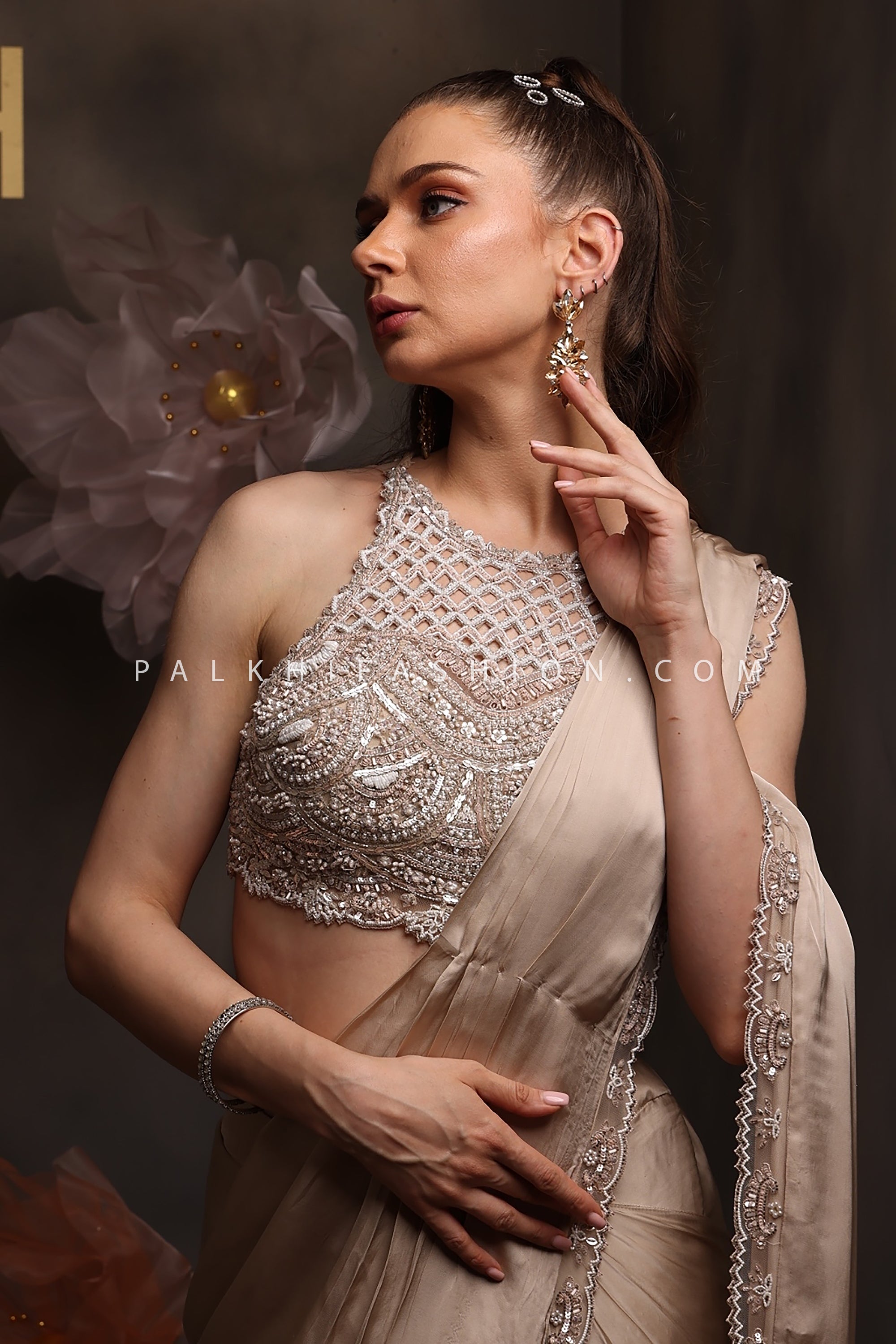 ✨ Liquid Champagne: Luxe Champagne Ready - to - Wear Saree & Beaded Couture Blouse