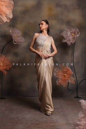 ✨ Liquid Champagne: Luxe Champagne Ready - to - Wear Saree & Beaded Couture Blouse