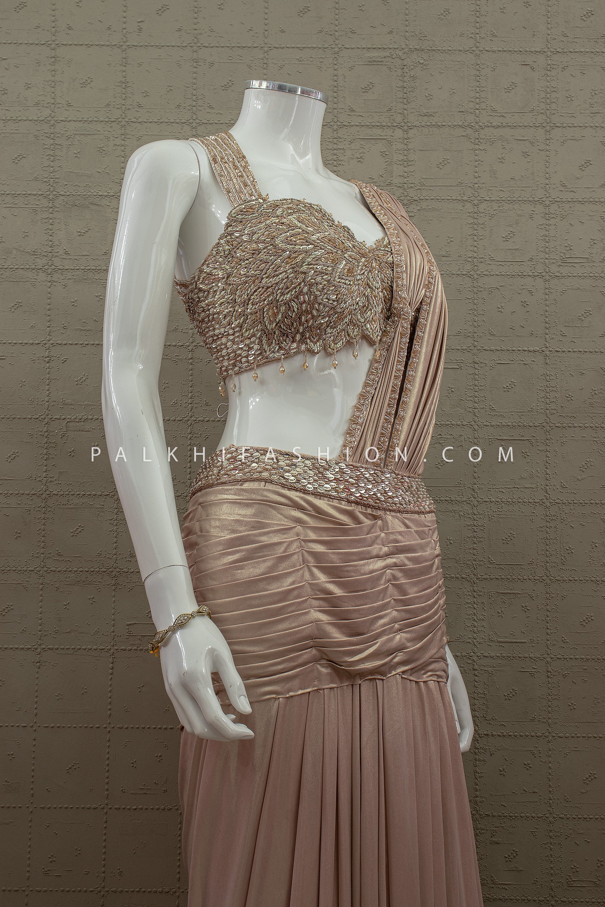 Liquid Luxe Edit - Champagne Pre Pleated Indo Western Drape Designer Saree – Palkhi Fashion