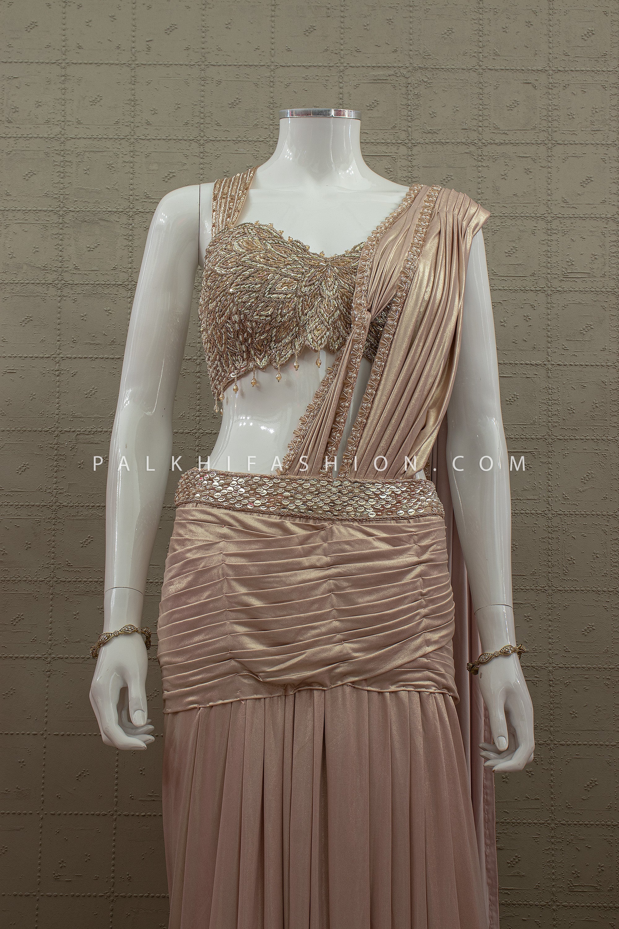 Liquid Luxe Edit - Champagne Pre Pleated Indo Western Drape Designer Saree – Palkhi Fashion