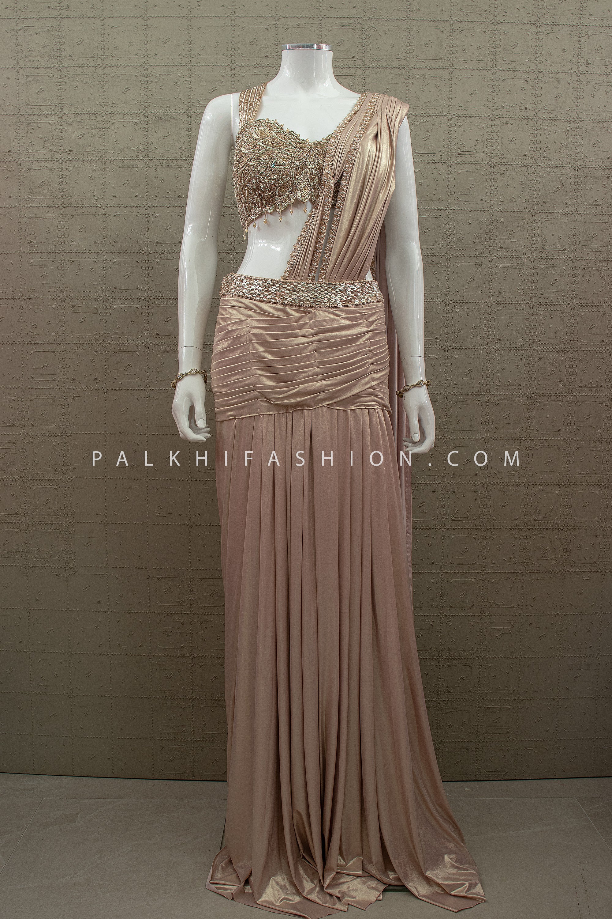 Liquid Luxe Edit - Champagne Pre Pleated Indo Western Drape Designer Saree – Palkhi Fashion