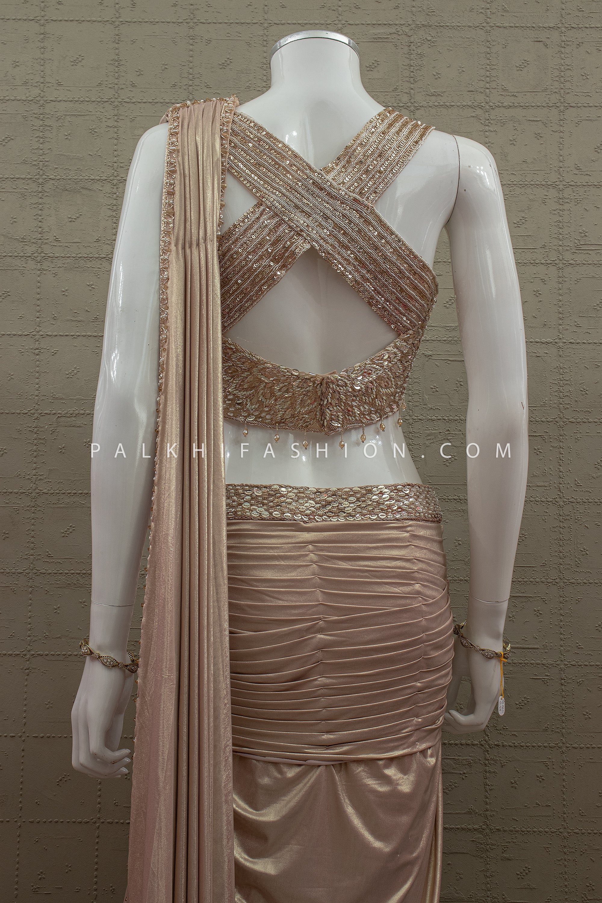 Liquid Luxe Edit - Champagne Pre Pleated Indo Western Drape Designer Saree – Palkhi Fashion