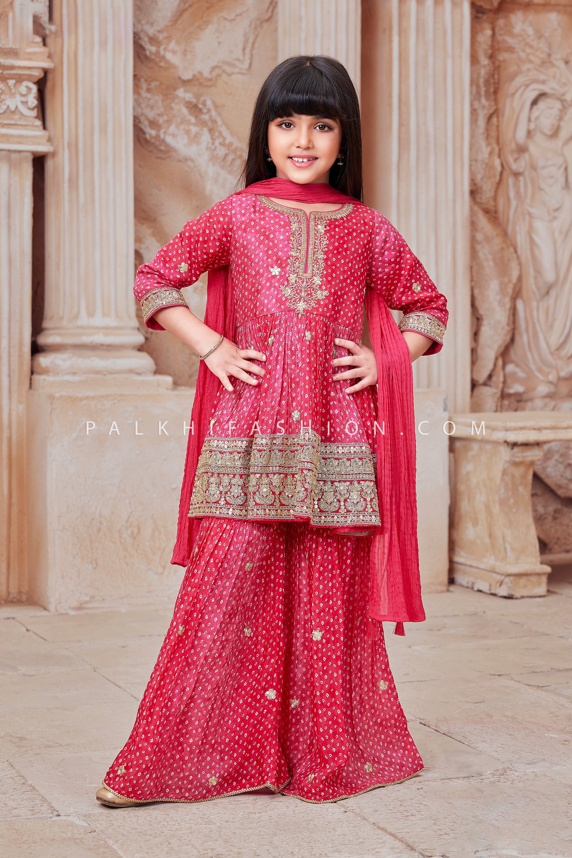 Little Royalty in Rani Pink: Bandhani Handwork Gharara Suit for Girls