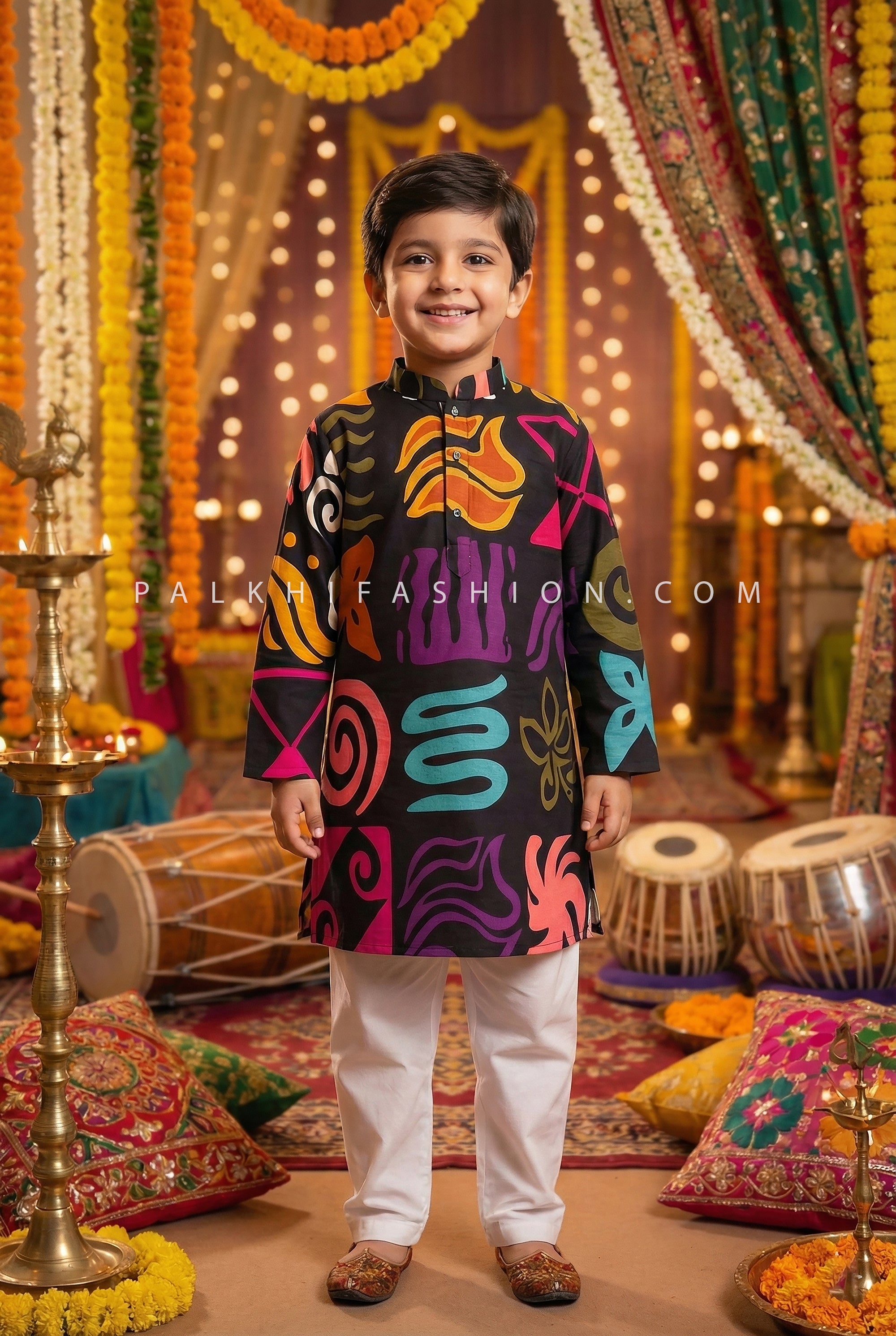 Little Star Ethnic Look — Vibrant Abstract Print Boys Kurta Pajama for Indian Functions | Palkhi Fashion