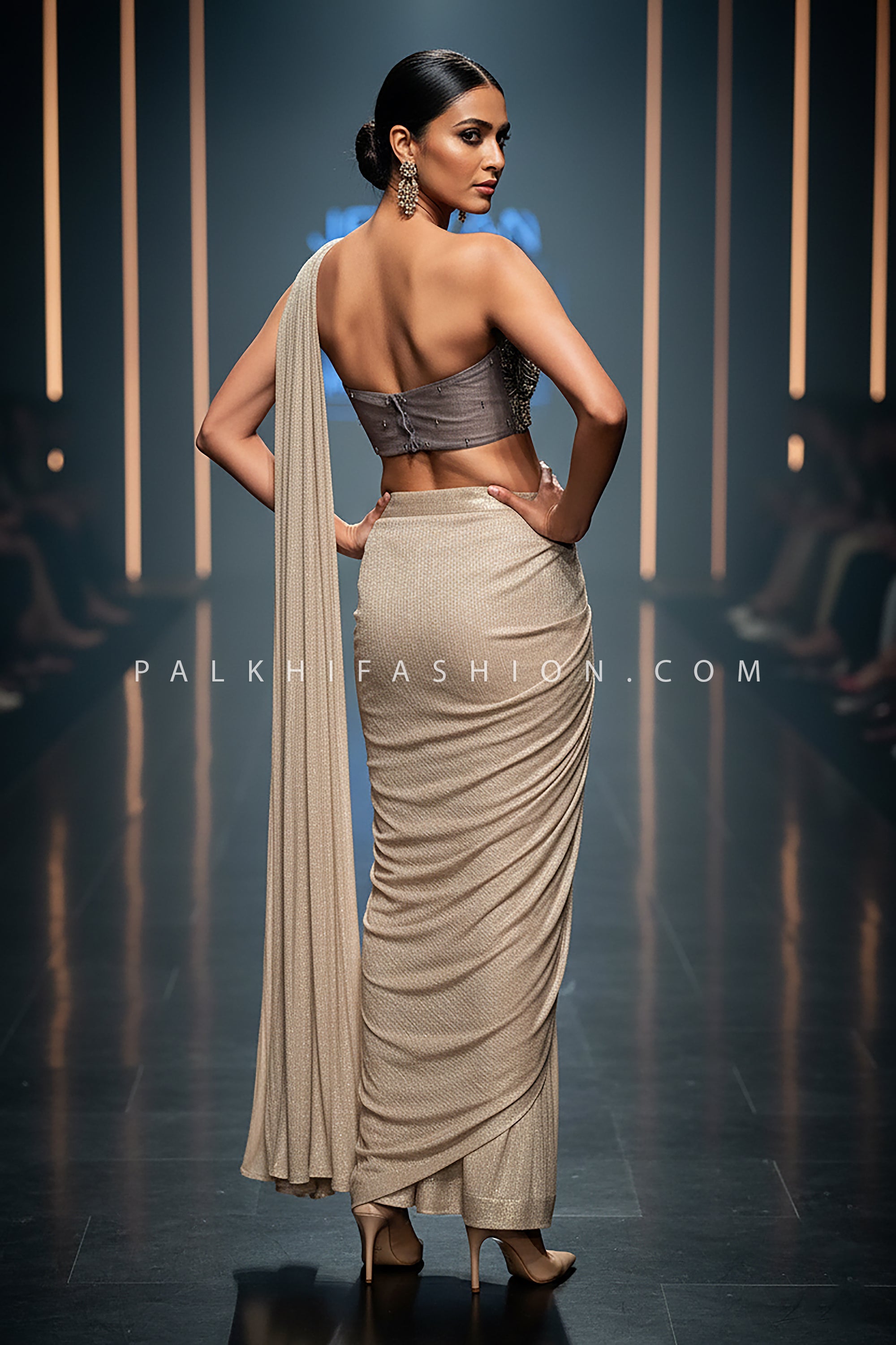 Luxe Mirage: Champagne Sculpted Saree with One - Shoulder Embellished Blouse