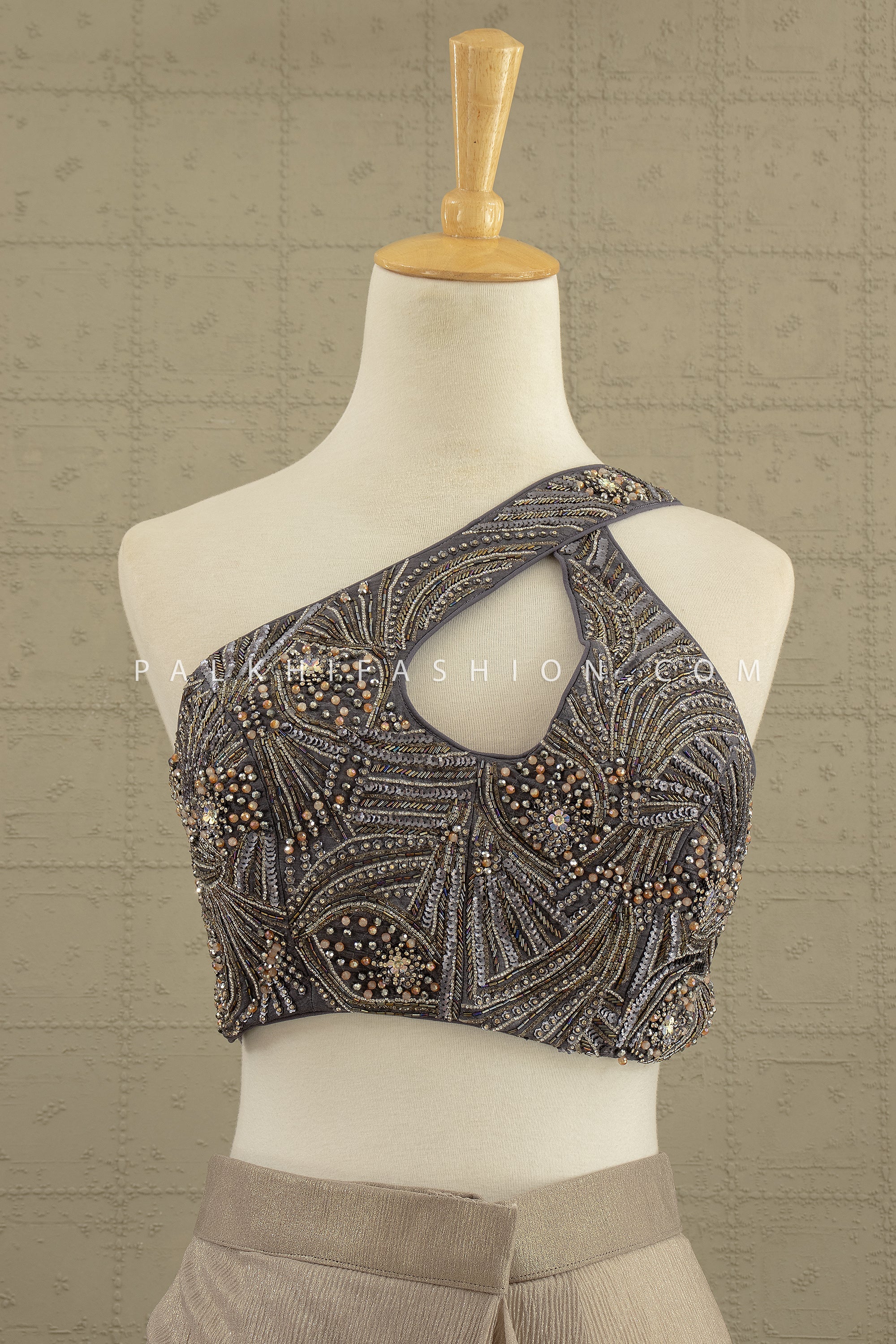 Luxe Mirage: Champagne Sculpted Saree with One - Shoulder Embellished Blouse