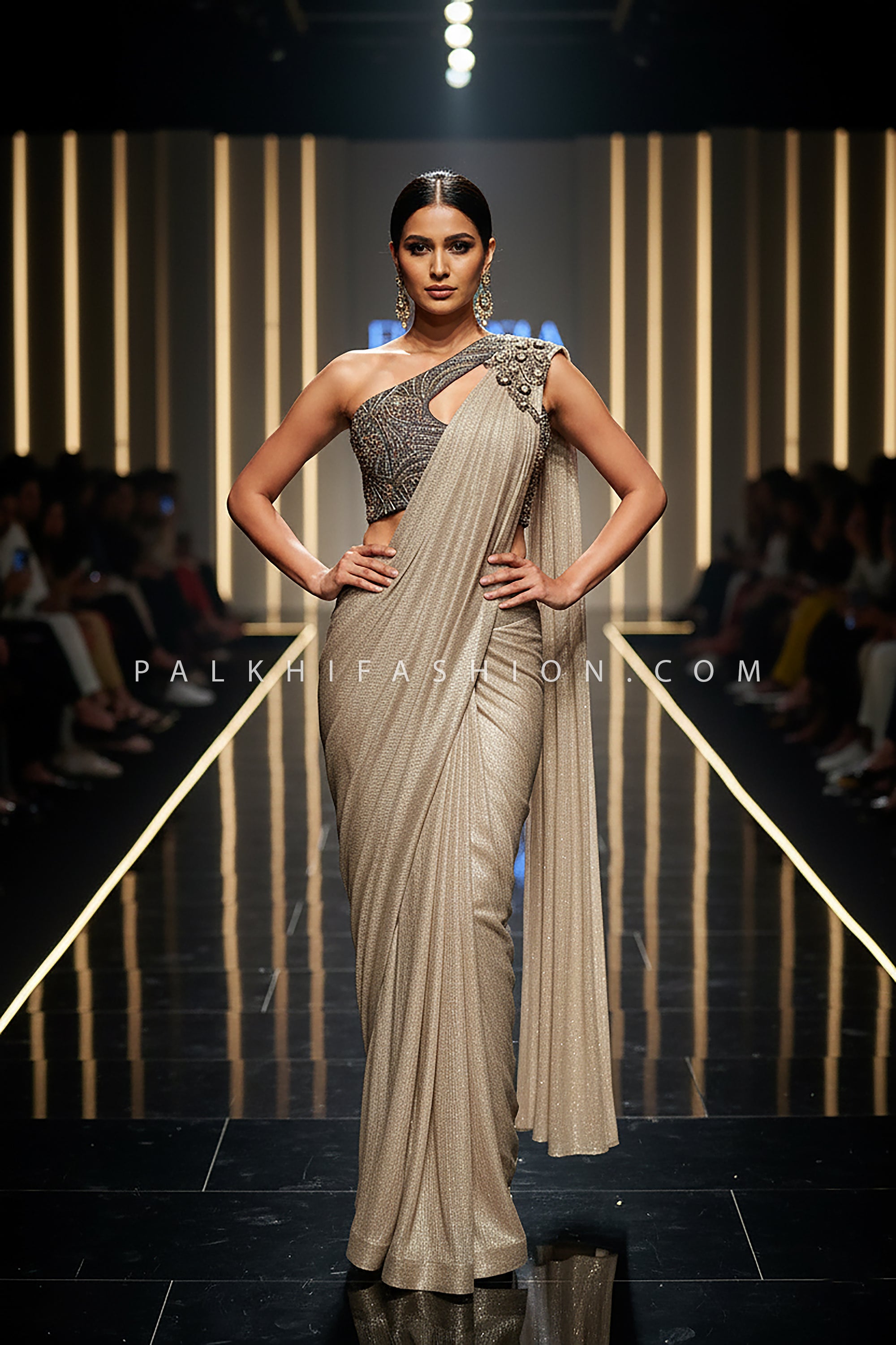 Luxe Mirage: Champagne Sculpted Saree with One - Shoulder Embellished Blouse