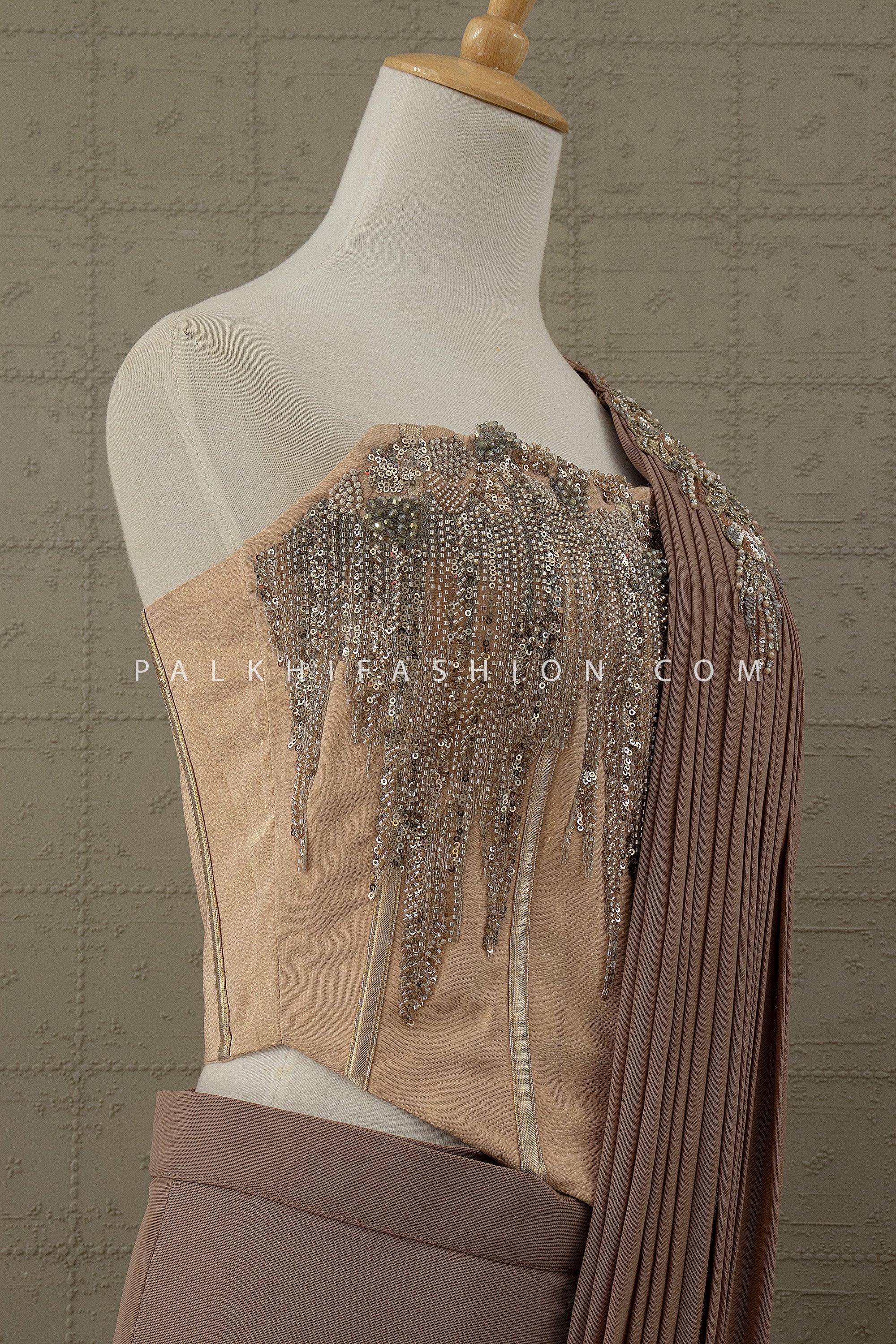 Luxe Mocha: Designer Cocktail Drape Saree with Hand Embellished Corset – Palkhi Fashion Houston