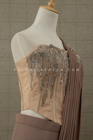 Luxe Mocha: Designer Cocktail Drape Saree with Hand Embellished Corset – Palkhi Fashion Houston