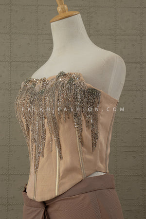 Luxe Mocha: Designer Cocktail Drape Saree with Hand Embellished Corset – Palkhi Fashion Houston