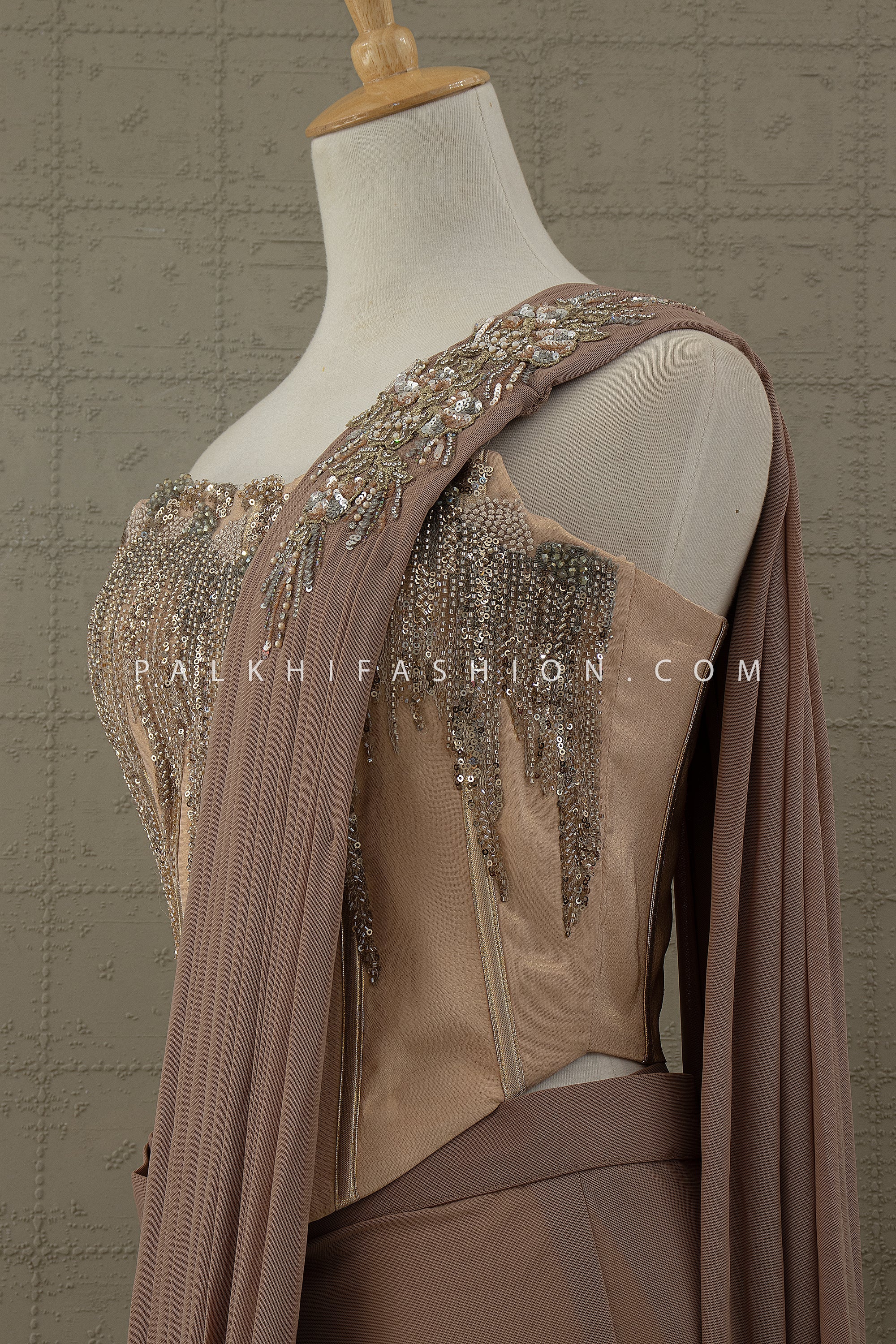 Luxe Mocha: Designer Cocktail Drape Saree with Hand Embellished Corset – Palkhi Fashion Houston