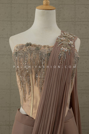 Luxe Mocha: Designer Cocktail Drape Saree with Hand Embellished Corset – Palkhi Fashion Houston