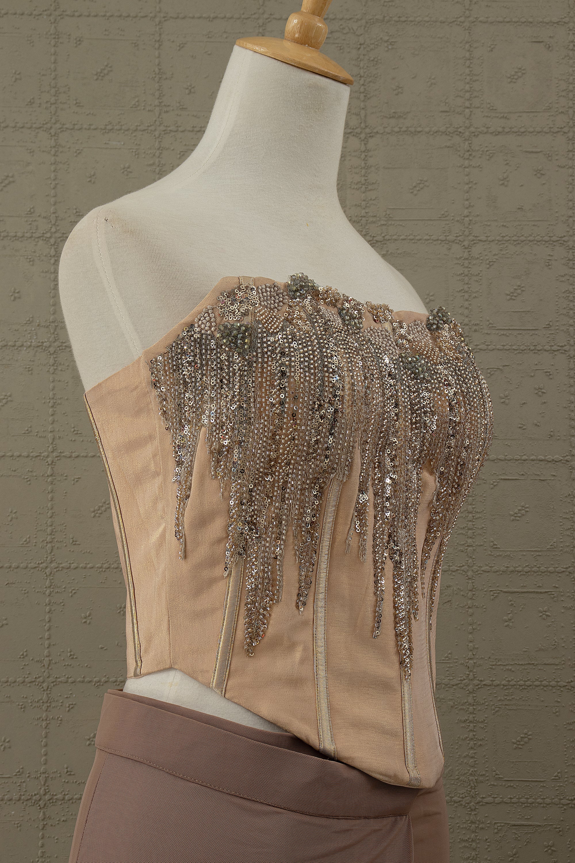 Luxe Mocha: Designer Cocktail Drape Saree with Hand Embellished Corset – Palkhi Fashion Houston