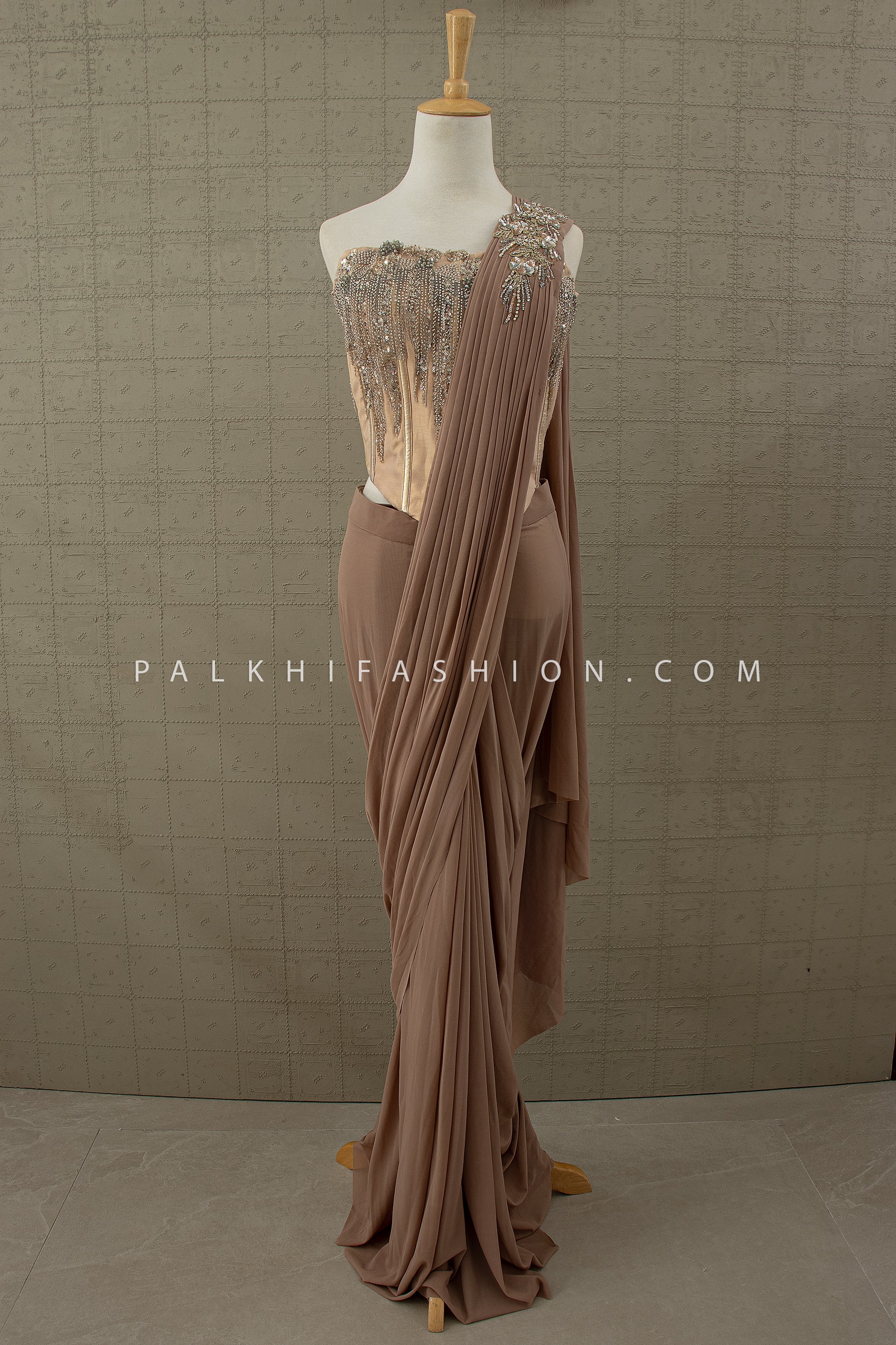 Luxe Mocha: Designer Cocktail Drape Saree with Hand Embellished Corset – Palkhi Fashion Houston