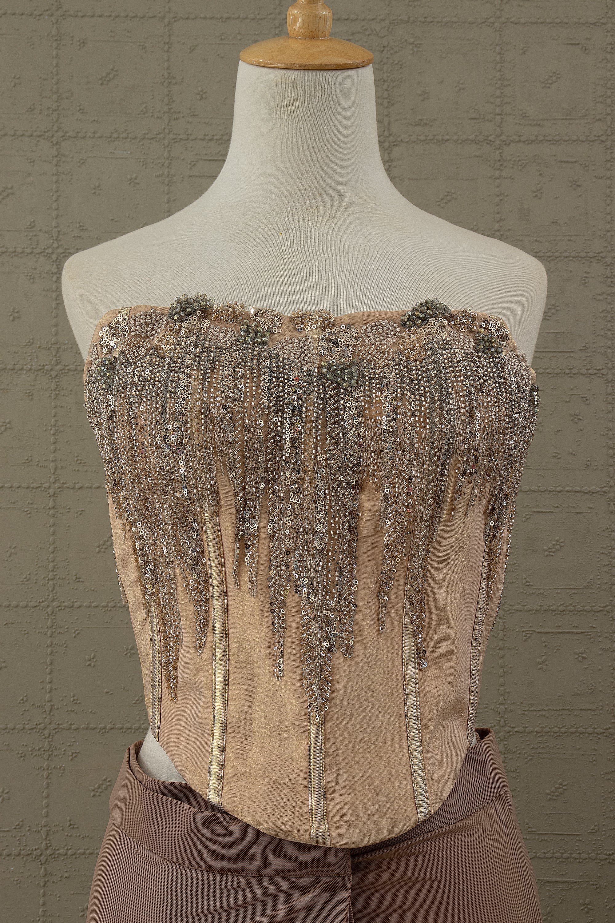 Luxe Mocha: Designer Cocktail Drape Saree with Hand Embellished Corset – Palkhi Fashion Houston