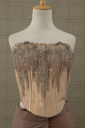 Luxe Mocha: Designer Cocktail Drape Saree with Hand Embellished Corset – Palkhi Fashion Houston