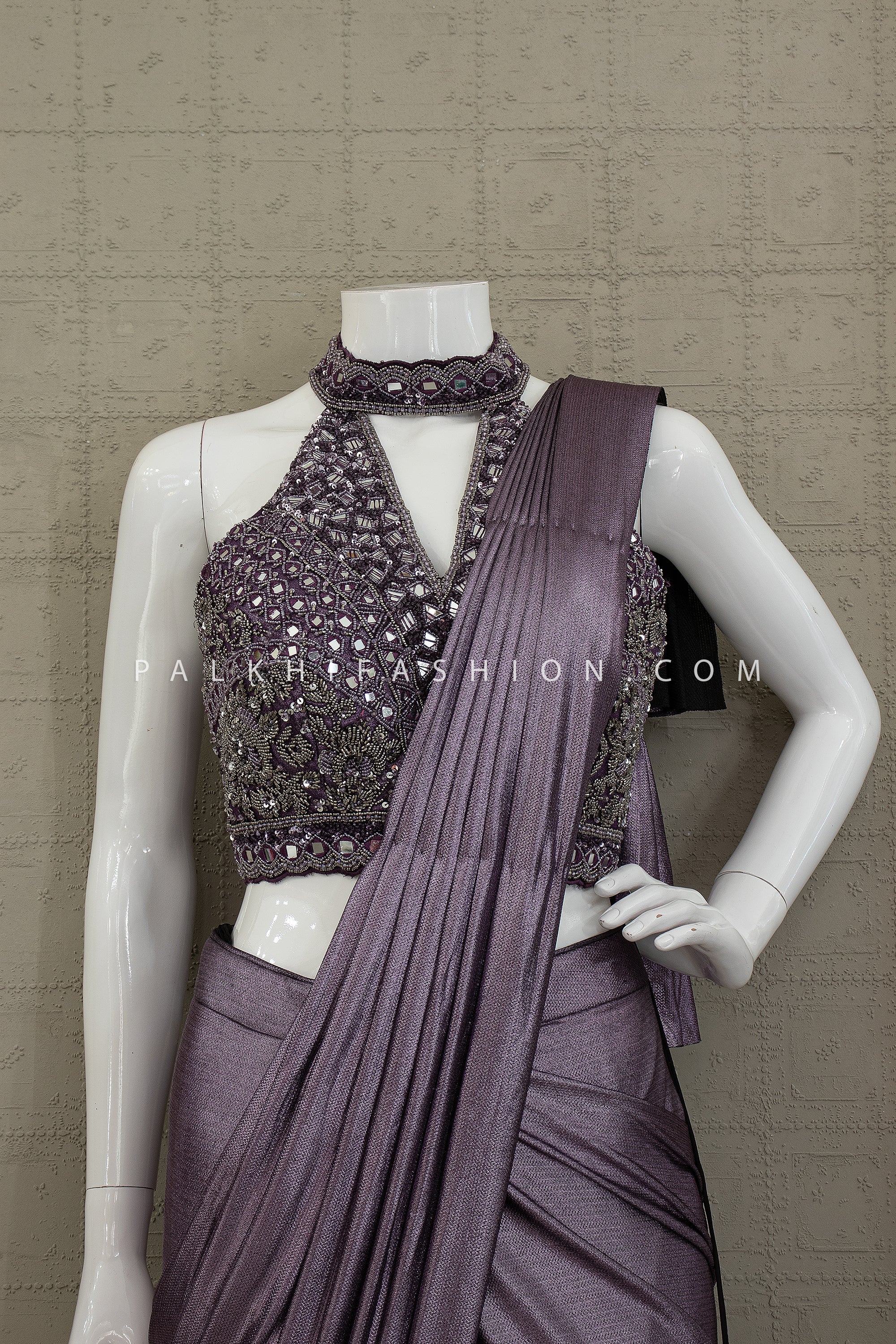 Luxe Purple Pre - Draped Saree with Sculpted Blouse | Palkhi Fashion Houston