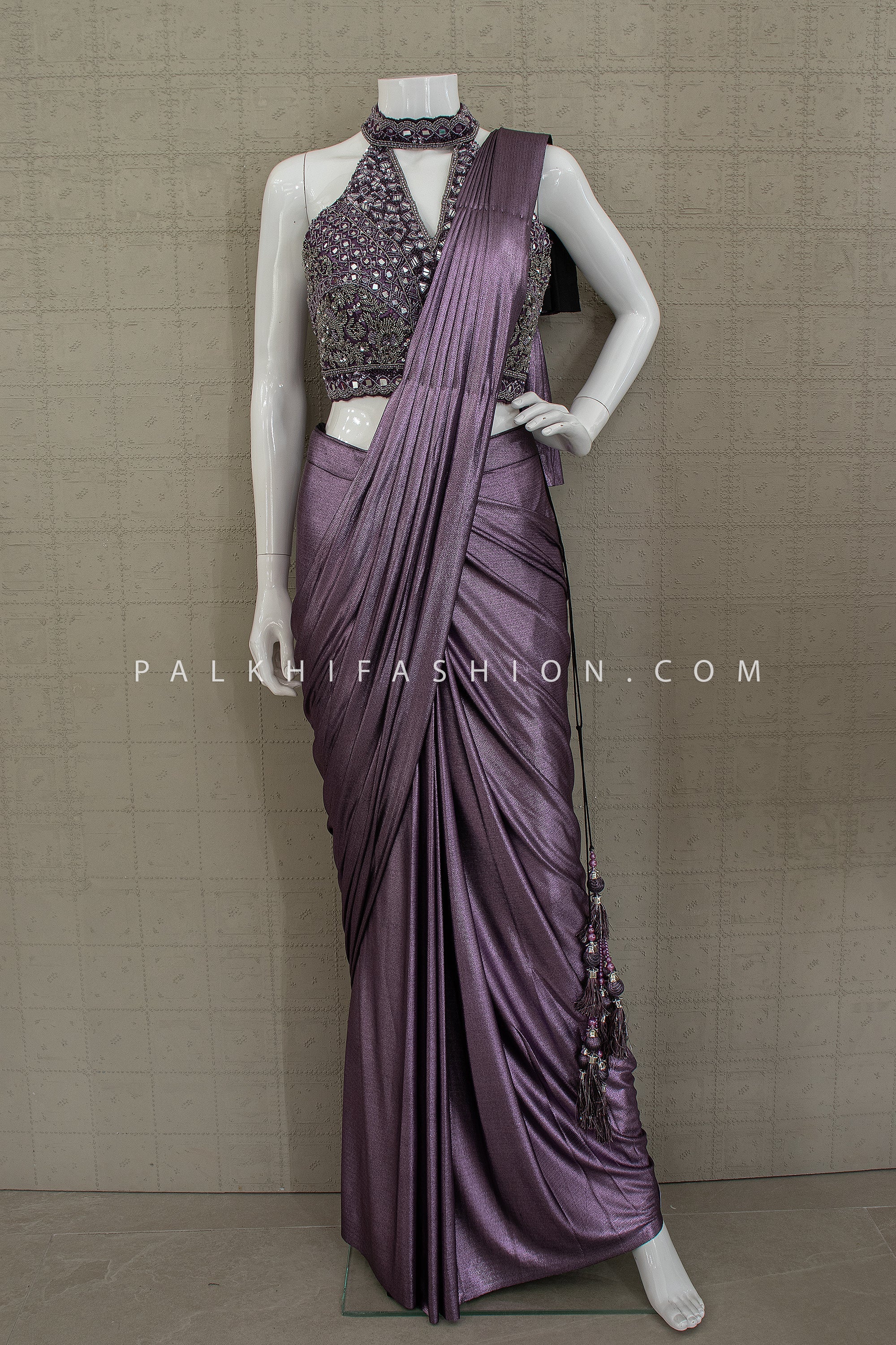 Luxe Purple Pre - Draped Saree with Sculpted Blouse | Palkhi Fashion Houston