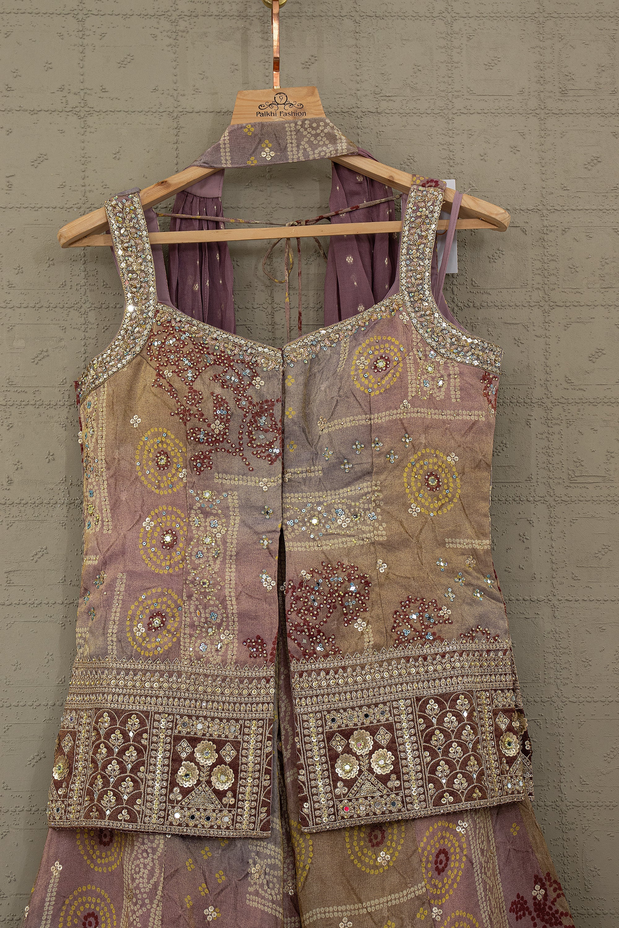 Luxury Mauve Bandhani Palazzo Suit with Stone & Mirror Handwork | Palkhi Fashion