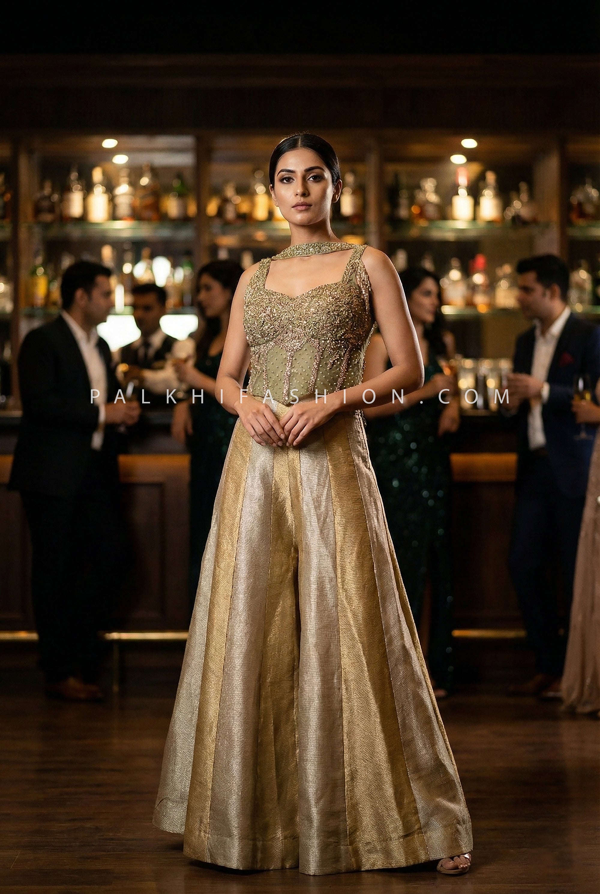 Luxury Silk Palazzo Set with Hand - Embroidered Corset Top | Palkhi Fashion Houston