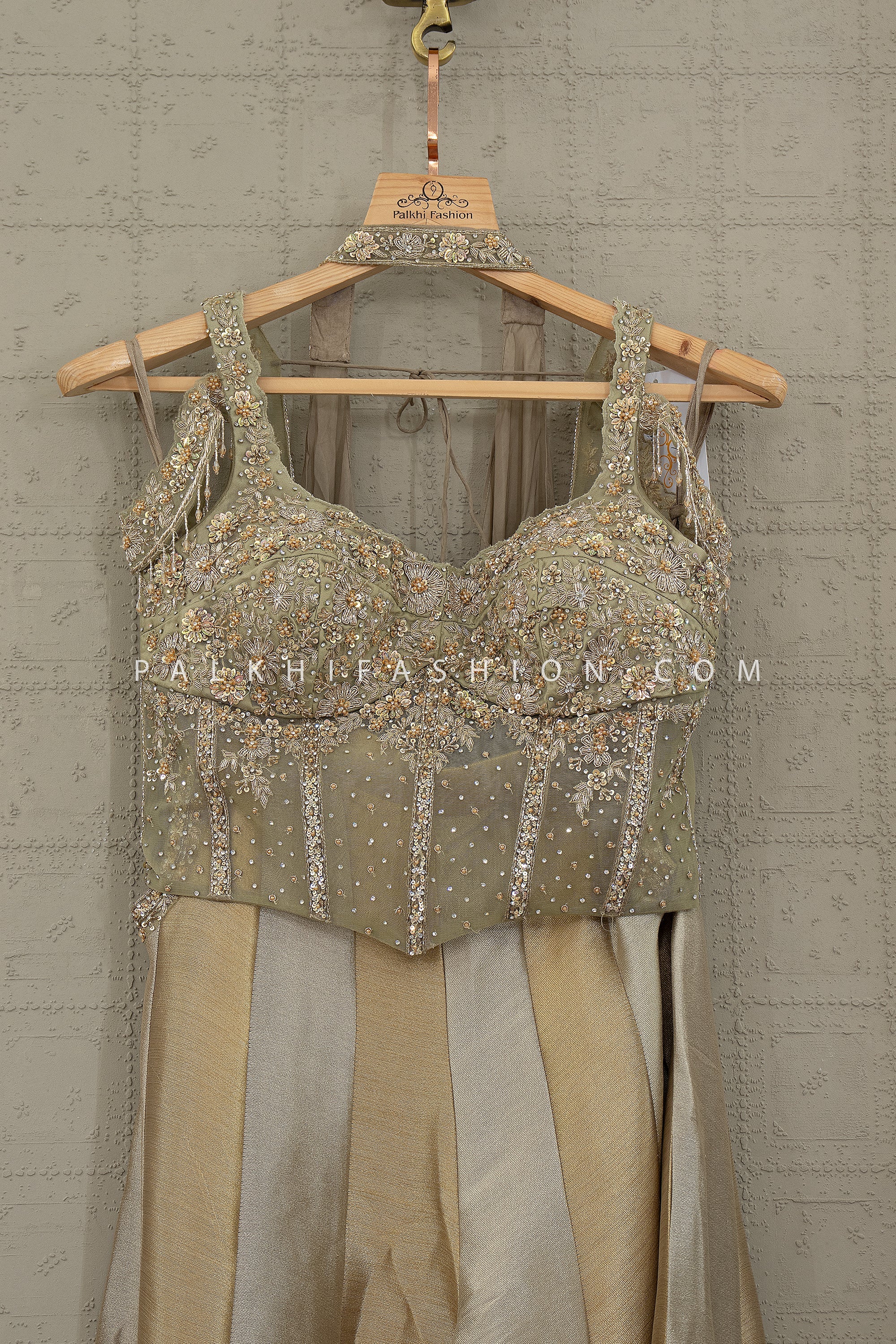 Luxury Silk Palazzo Set with Hand - Embroidered Corset Top | Palkhi Fashion Houston