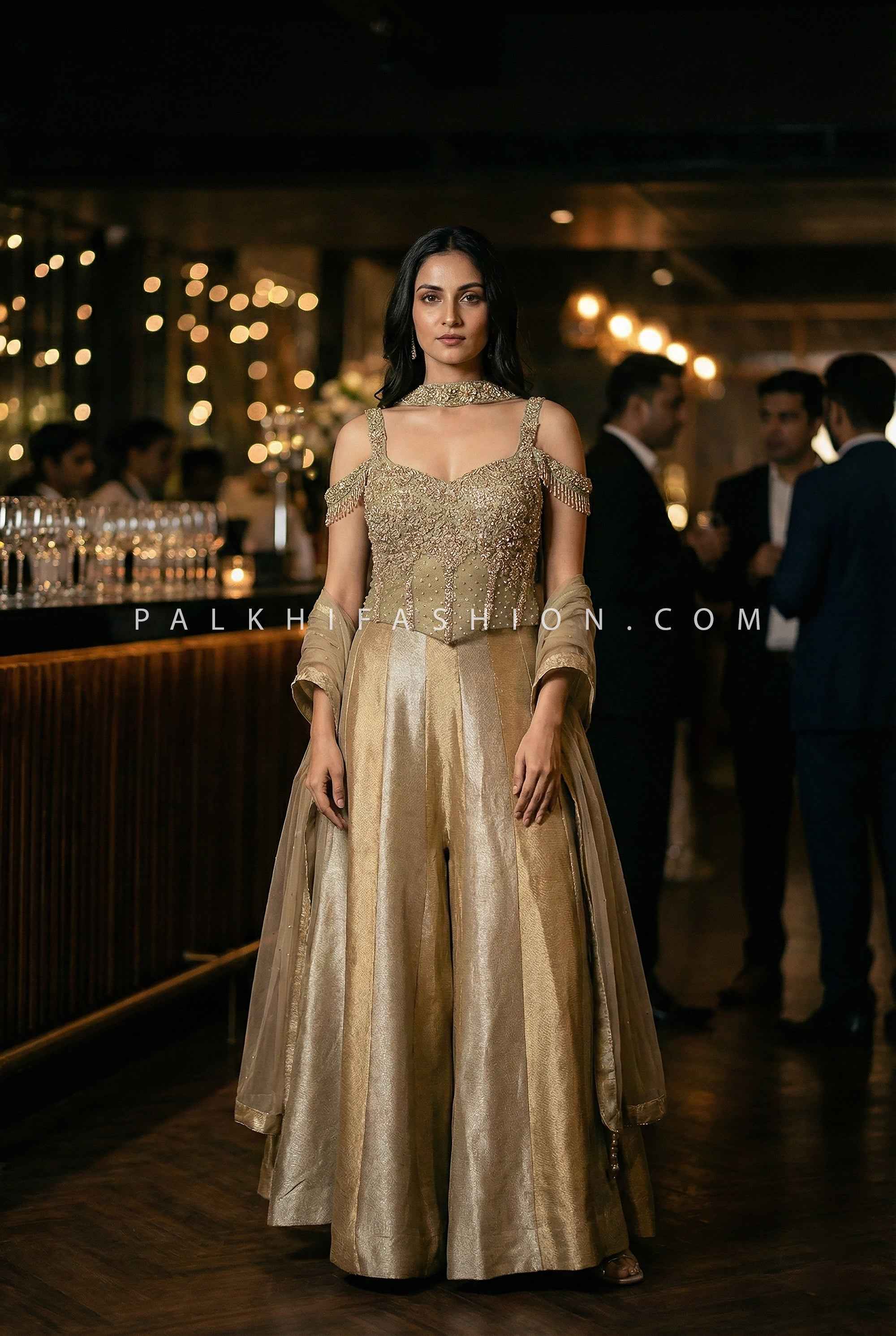 Champagne Silk Palazzo Set with Corset Top | Palkhi Fashion,Houston