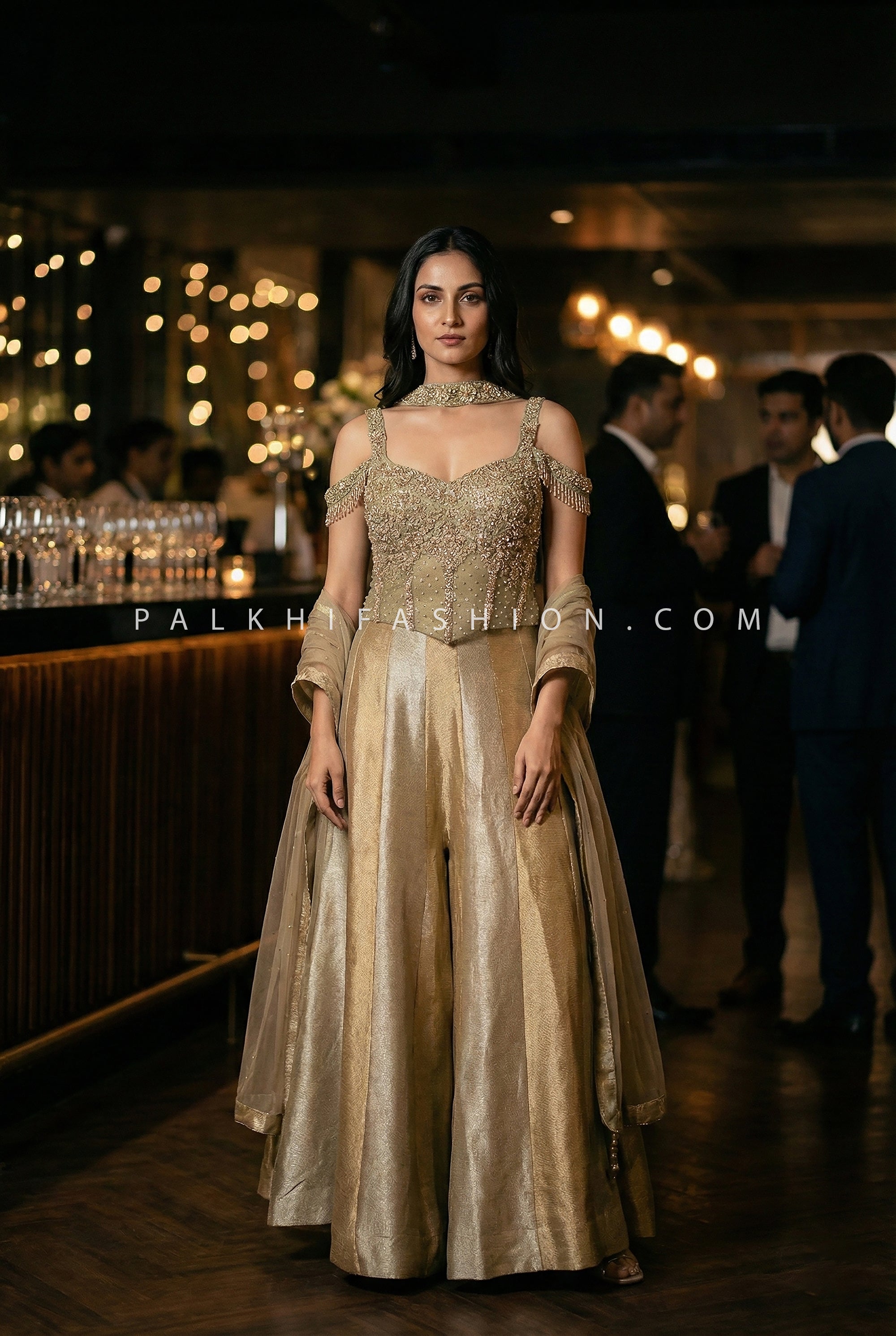 Luxury Silk Palazzo Set with Hand - Embroidered Corset Top | Palkhi Fashion Houston