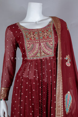 Majestic Charm: Maroon Georgette Front Slit Palazzo Outfit With Handwork