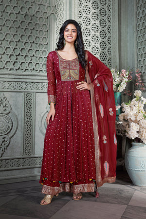 Majestic Charm: Maroon Georgette Front Slit Palazzo Outfit With Handwork
