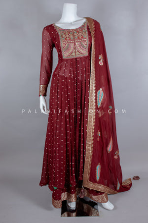 Majestic Charm: Maroon Georgette Front Slit Palazzo Outfit With Handwork