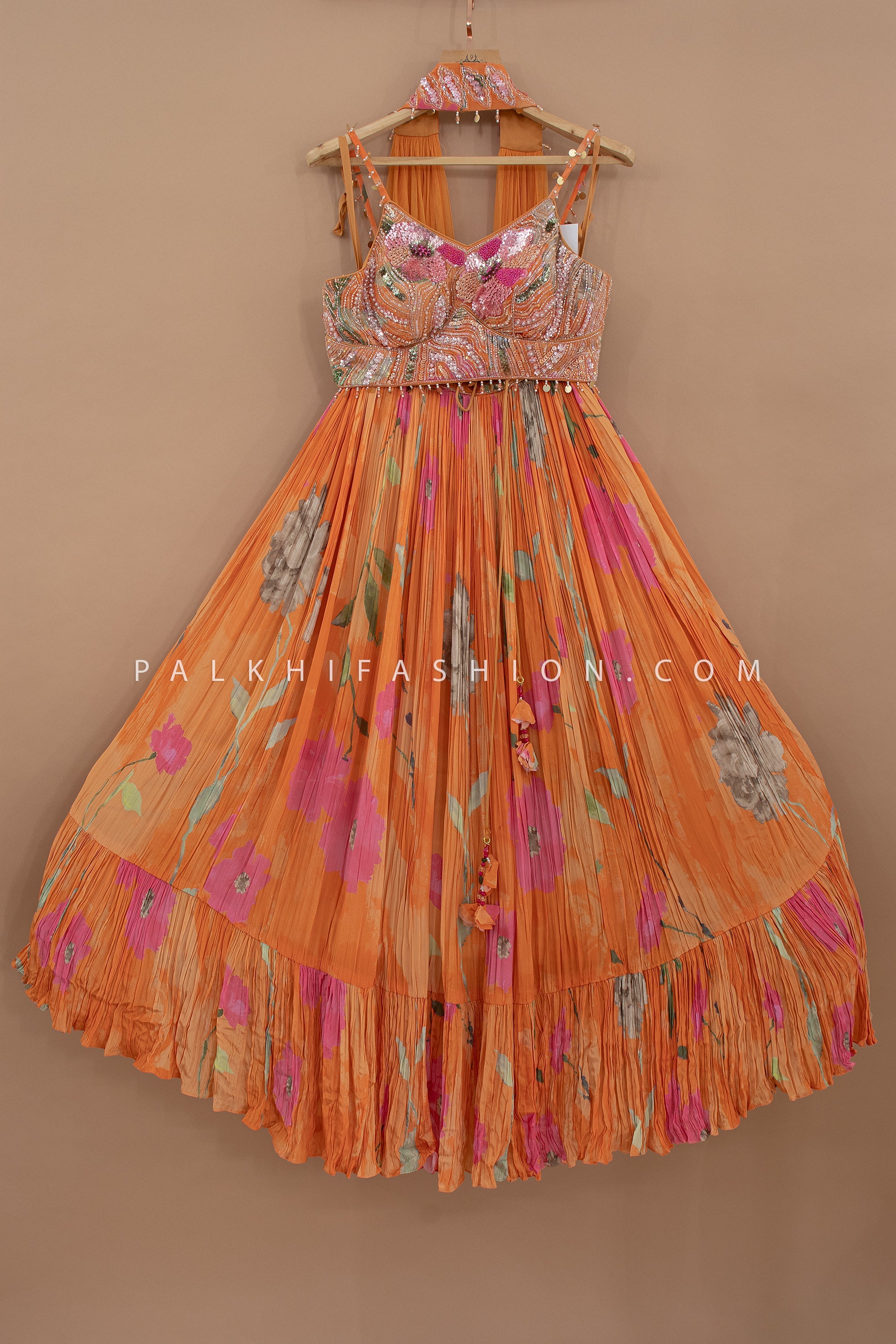 🧡 Marigold Bloom: Light Orange Designer Lehenga Choli with Embellished Blouse – Palkhi Fashion