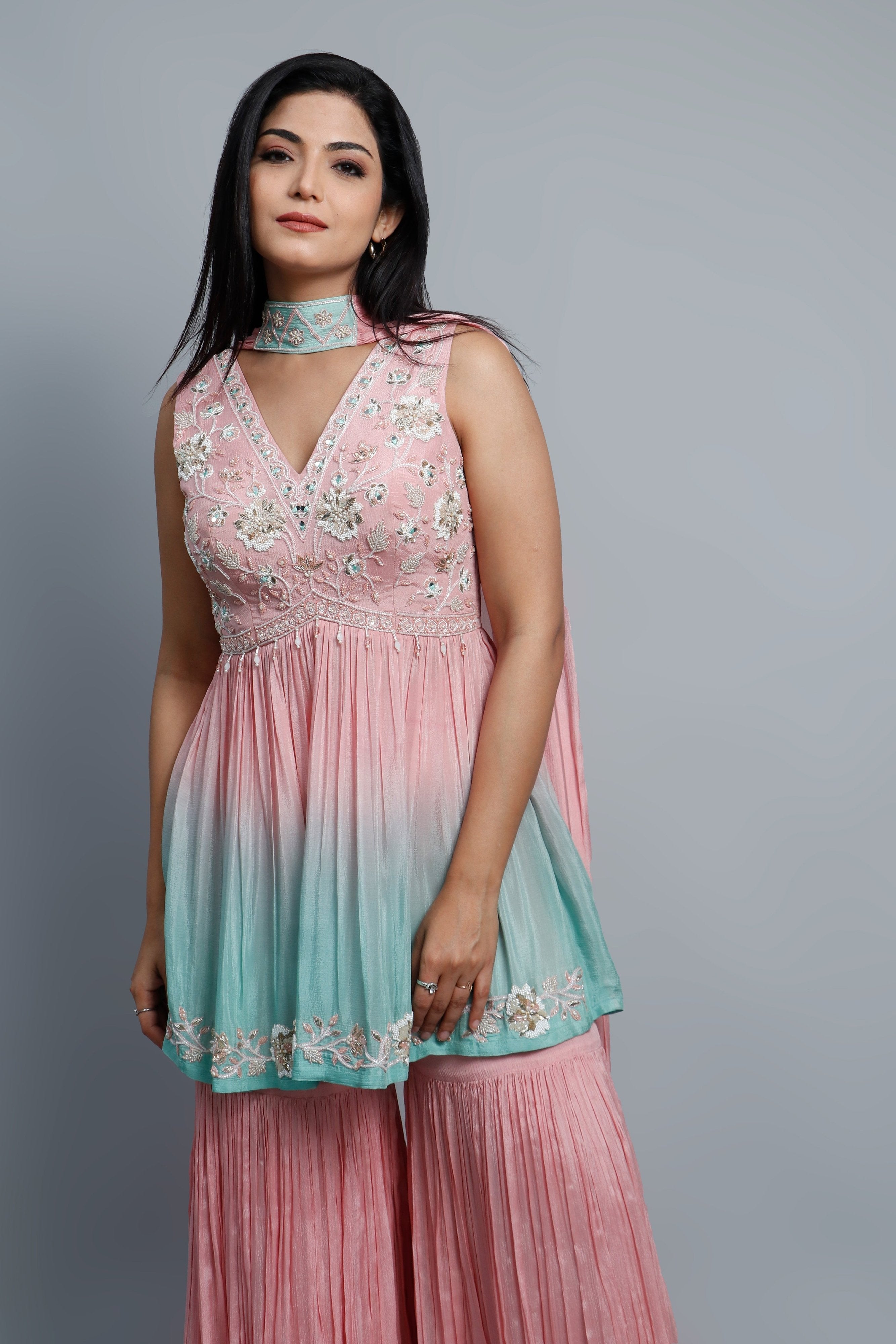 Marvelous Pink & Teal Sharara Set with Handcwork – Palkhi Fashion