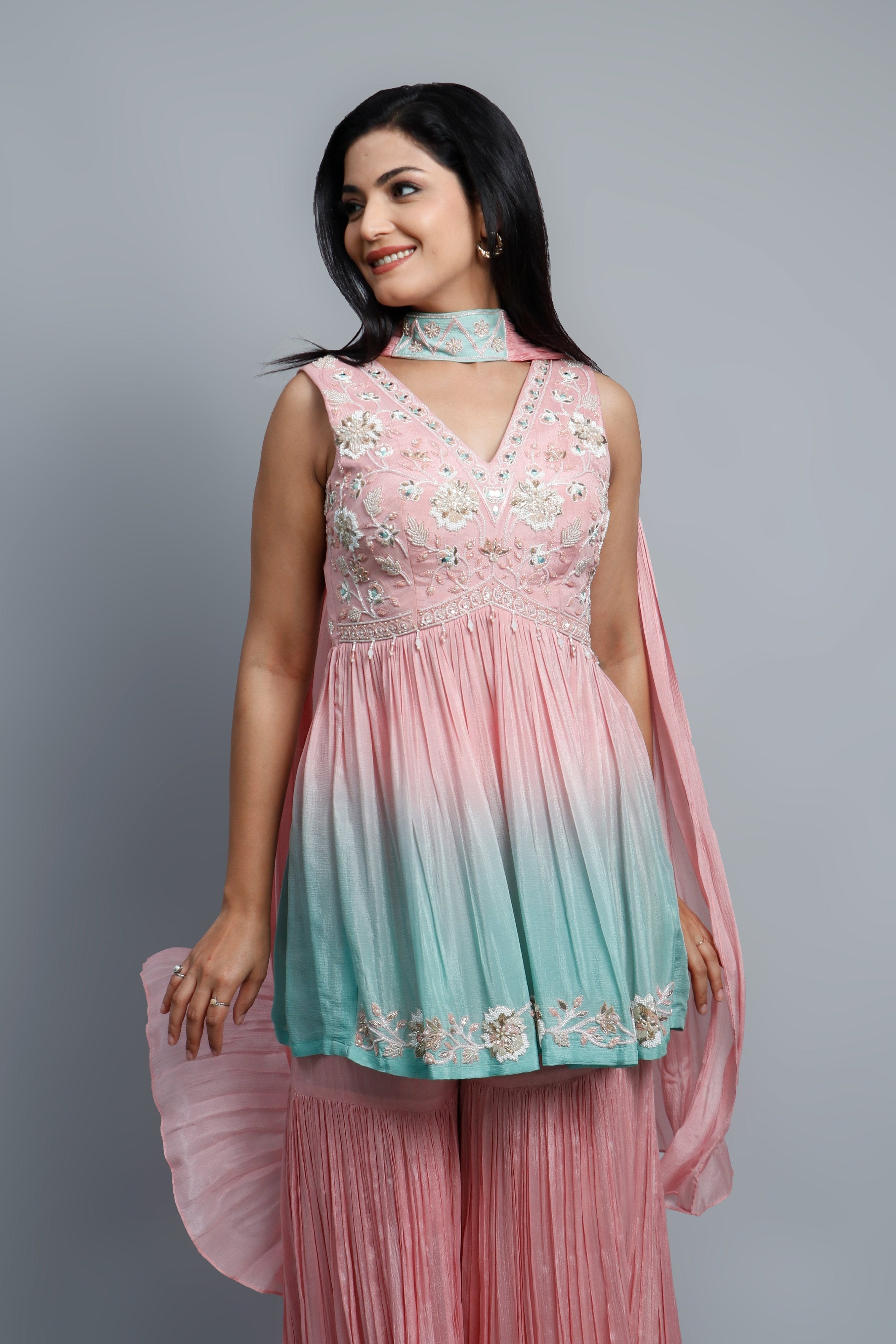 Marvelous Pink & Teal Sharara Set with Handcwork – Palkhi Fashion