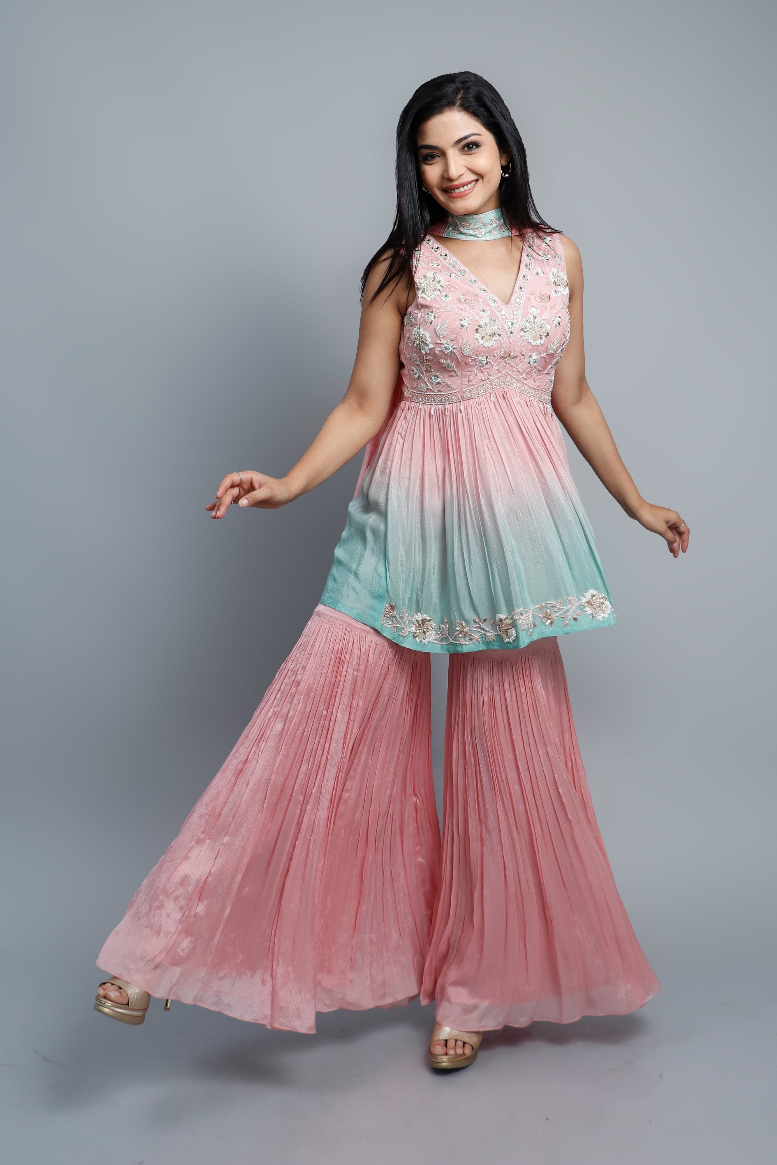 Marvelous Pink & Teal Sharara Set with Handcwork – Palkhi Fashion