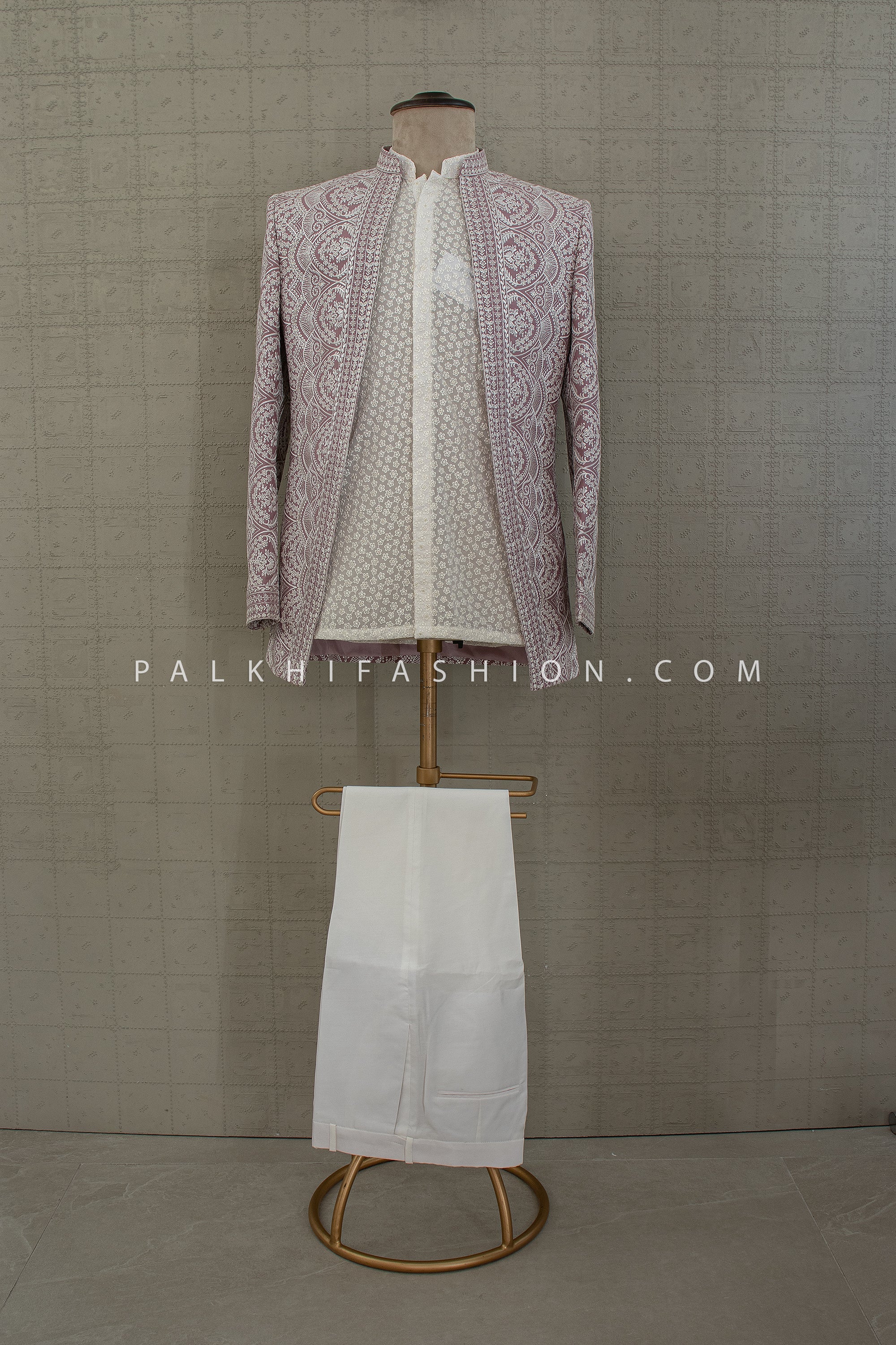 Mauve Majestic - Thread Embroidered Open Jacket Indo - Western Set | Palkhi Fashion Houston