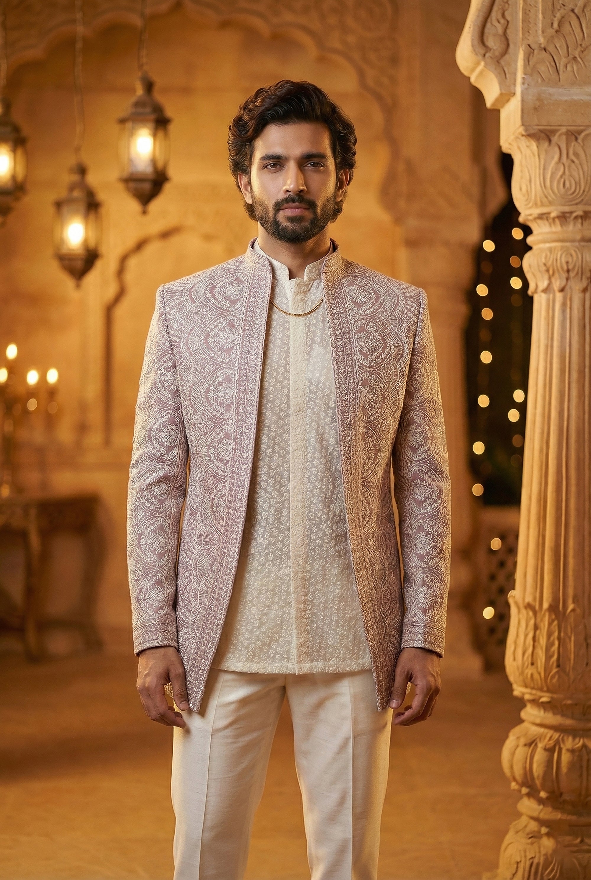 Mauve Majestic - Thread Embroidered Open Jacket Indo - Western Set | Palkhi Fashion Houston