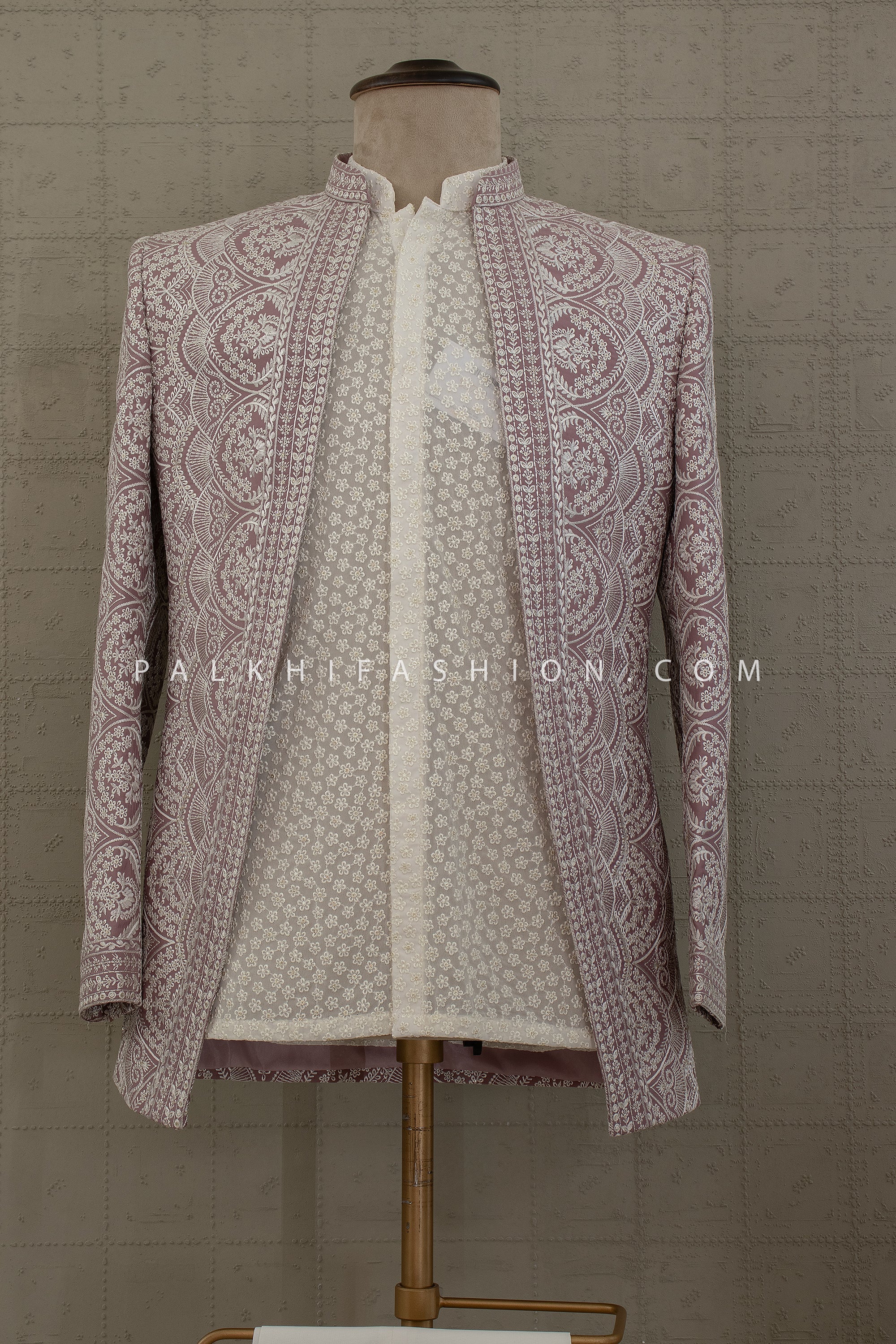Mauve Majestic - Thread Embroidered Open Jacket Indo - Western Set | Palkhi Fashion Houston