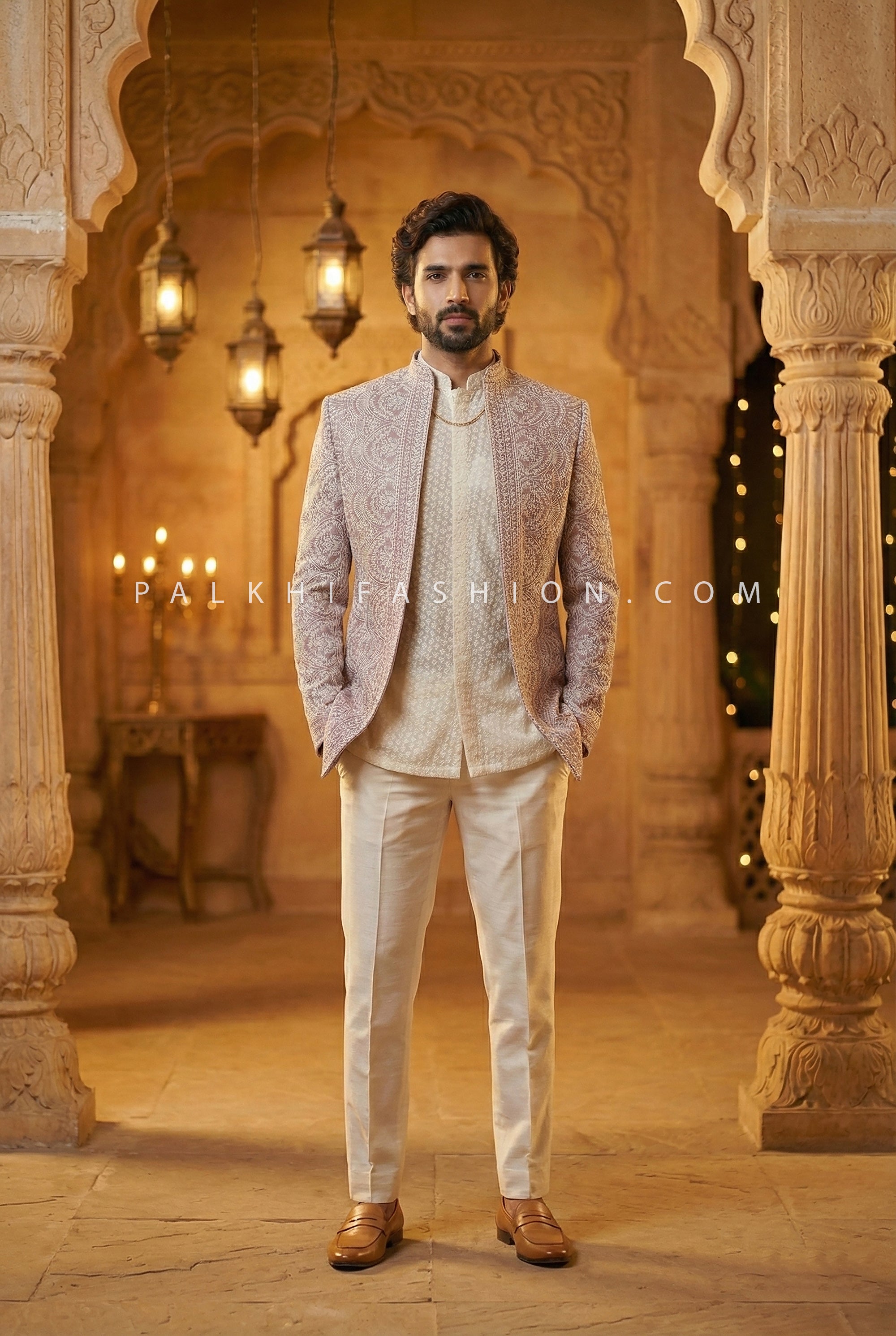 Mauve Majestic - Thread Embroidered Open Jacket Indo - Western Set | Palkhi Fashion Houston