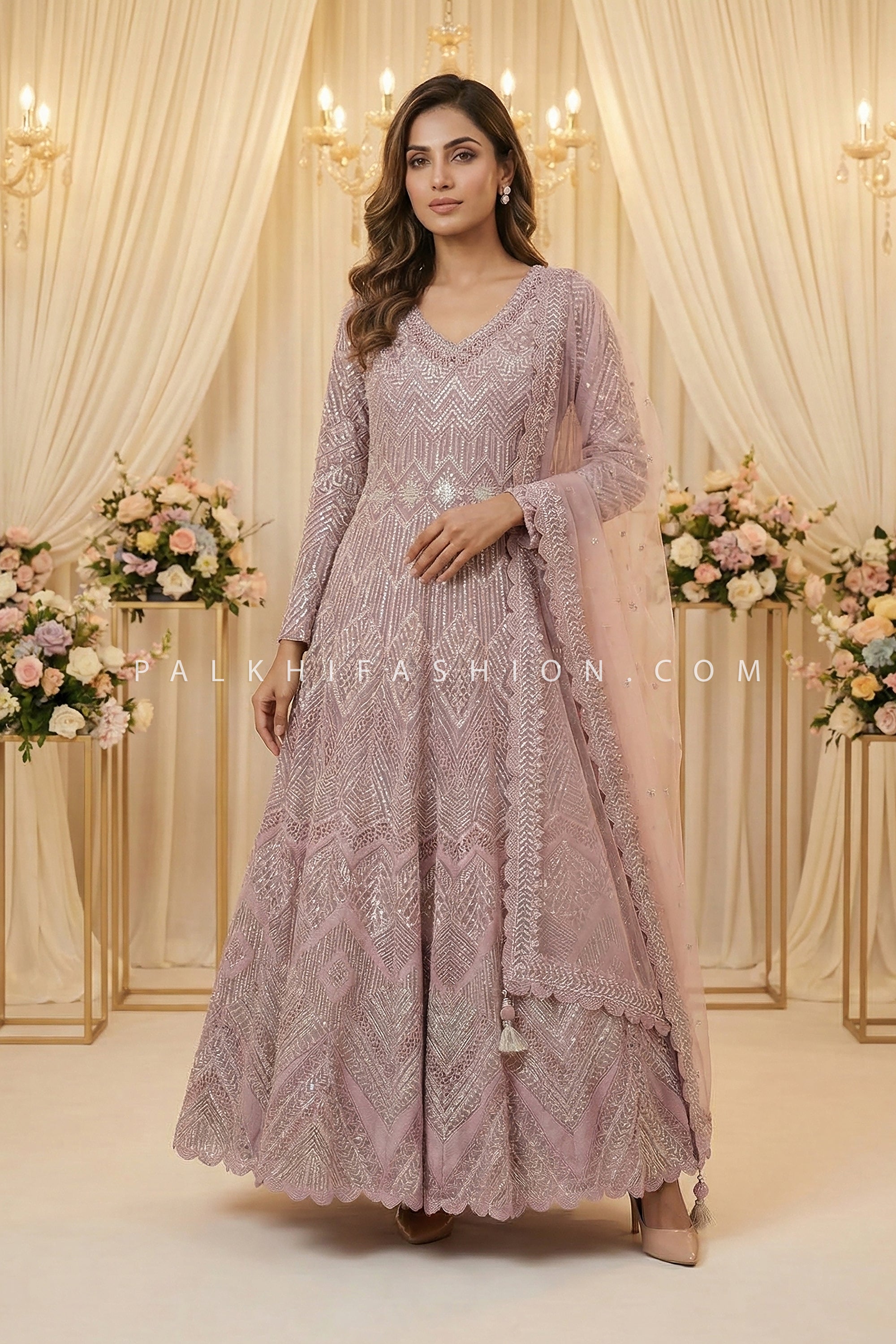 Mauve Partywear Anarkali Gown with Cutwork – Palkhi Fashion USA