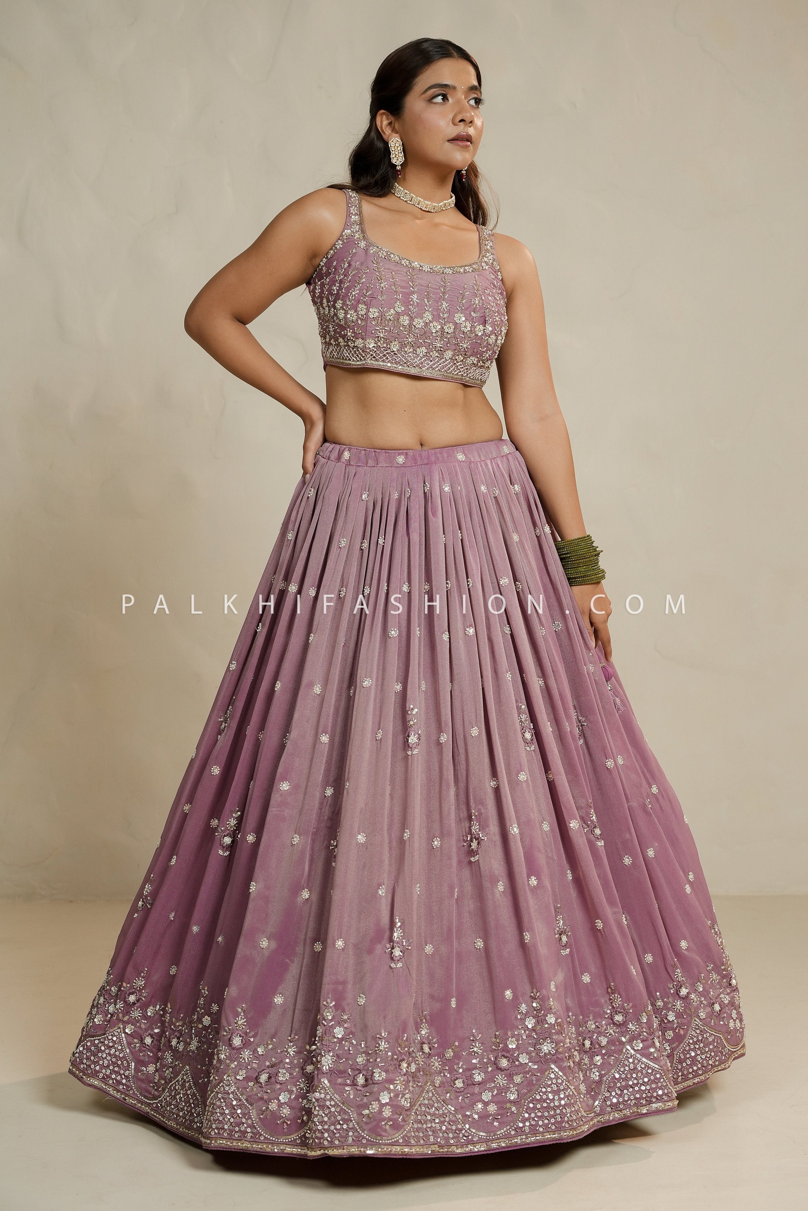 Mauve Soft Silk Lehenga Choli with Bead & Handwork – Palkhi Fashion