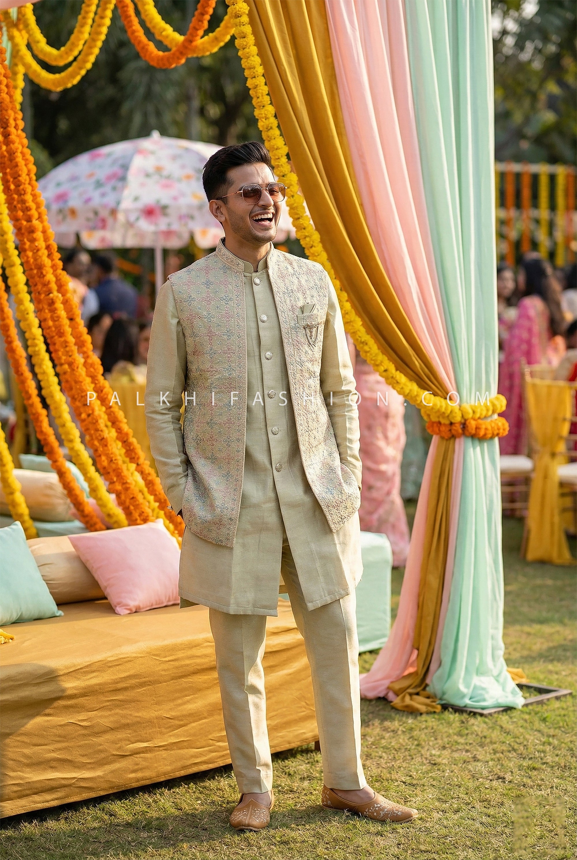 Mehendi Pastel Charm - Pistachio Kurta Set with Embroidered Jacket – Palkhi Fashion