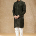 Mehndi Green Men’s Kurta Set | All - Over Chikankari & Subtle Pattern – Palkhi Fashion