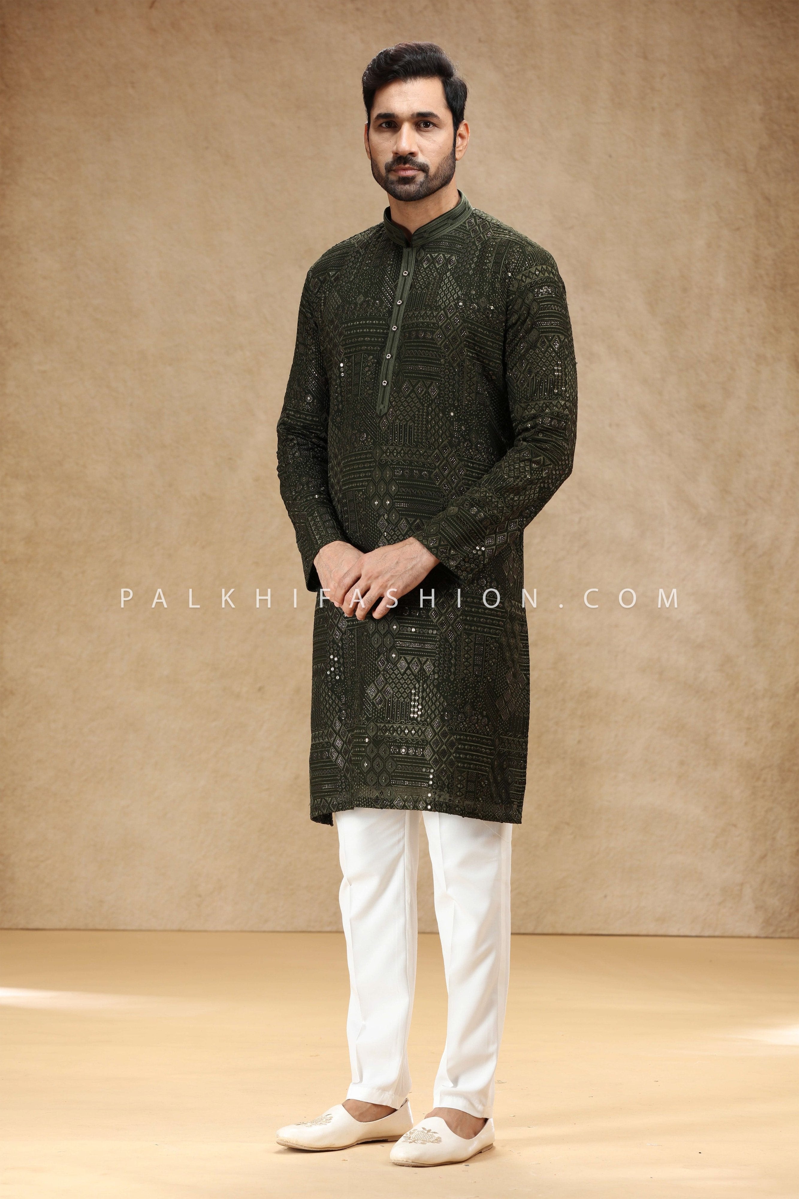Mehndi Green Men’s Kurta Set | All - Over Chikankari & Subtle Pattern – Palkhi Fashion