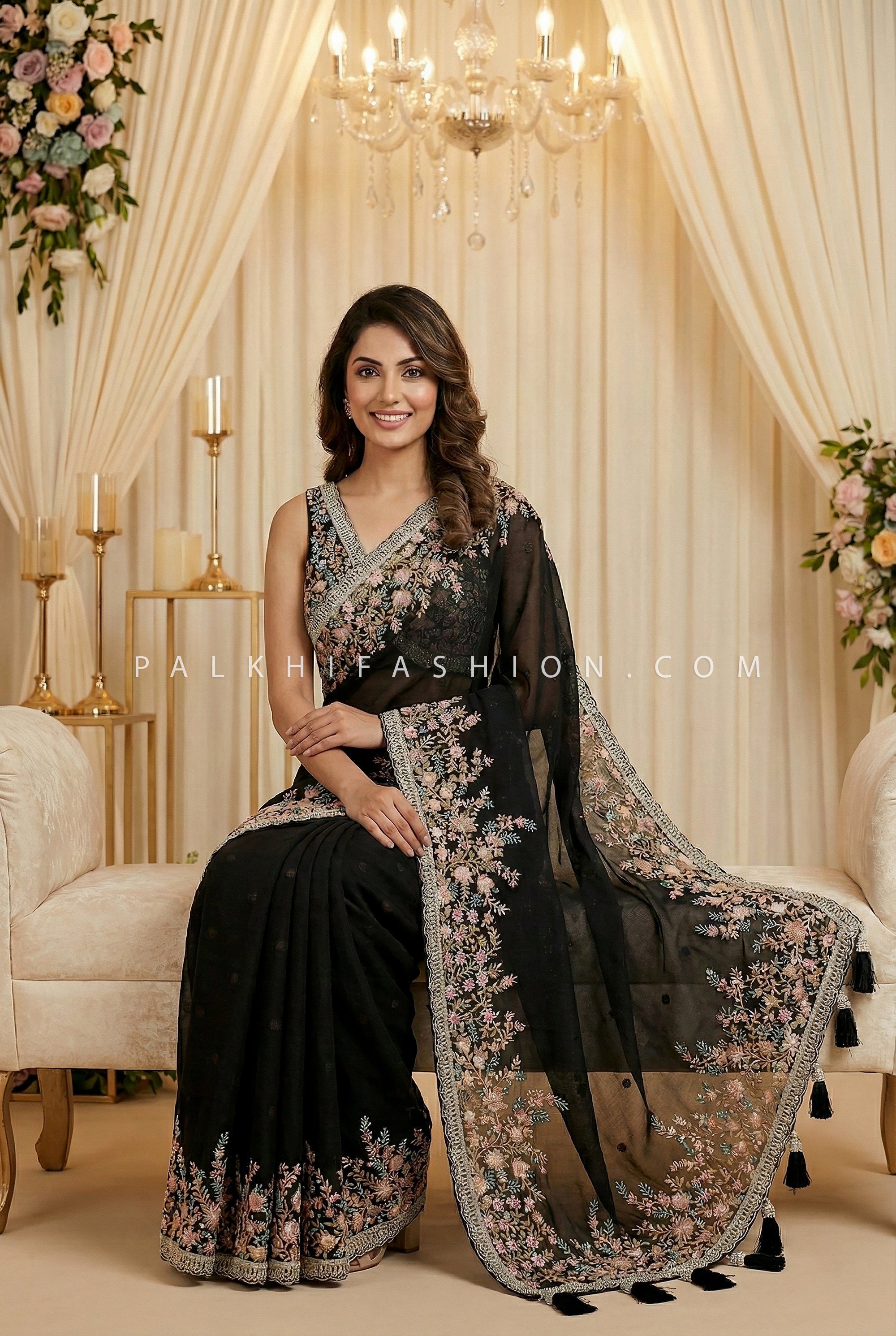 Midnight Bloom: Black Floral Embroidered Saree Set with Designer Blouse – Palkhi Fashion Houston