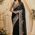 Midnight Bloom: Black Floral Embroidered Saree Set with Designer Blouse – Palkhi Fashion Houston