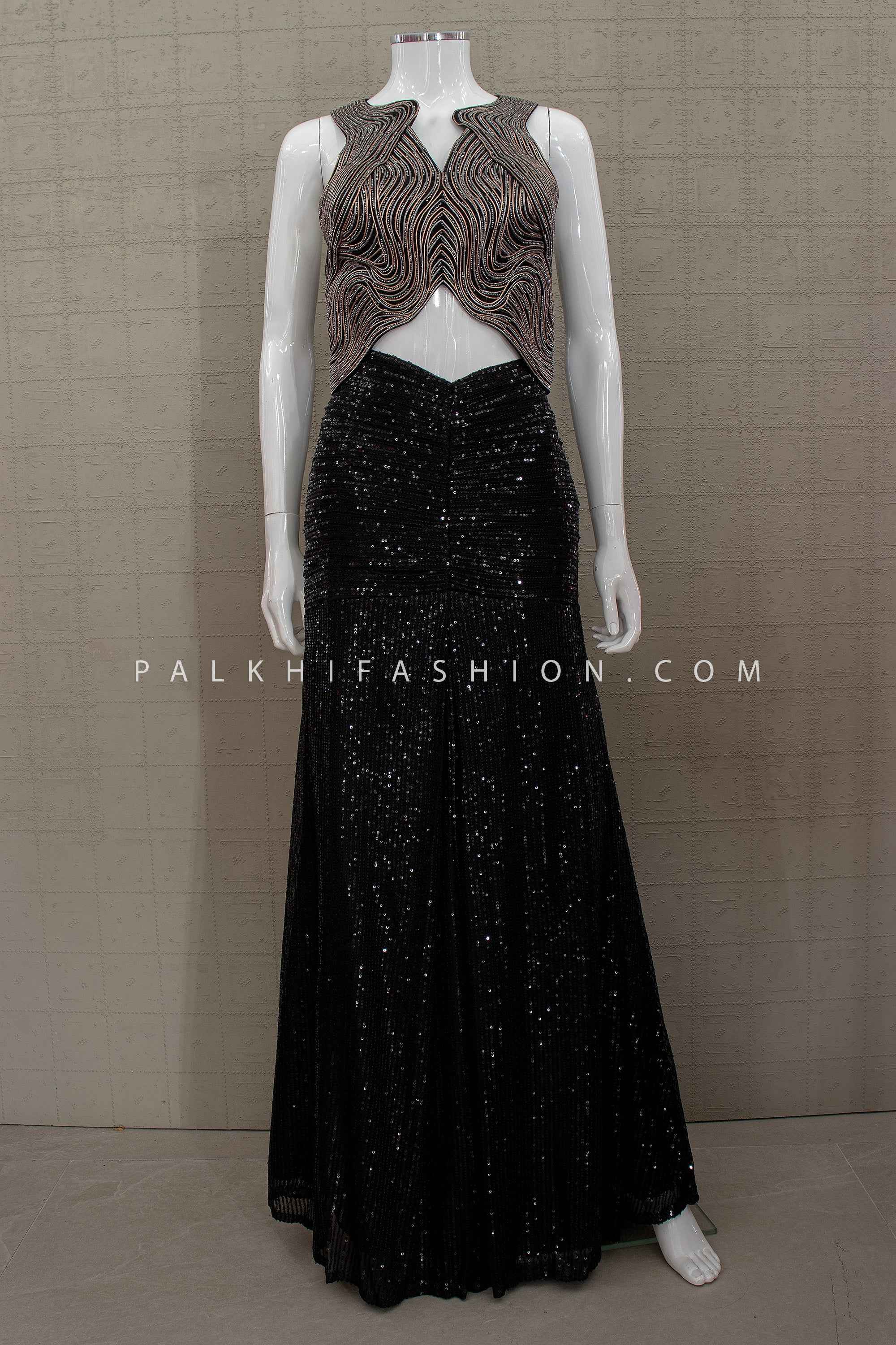 Midnight Contour Black & Copper Indo-Western Fusion Lehenga Set | Palkhi Fashion
