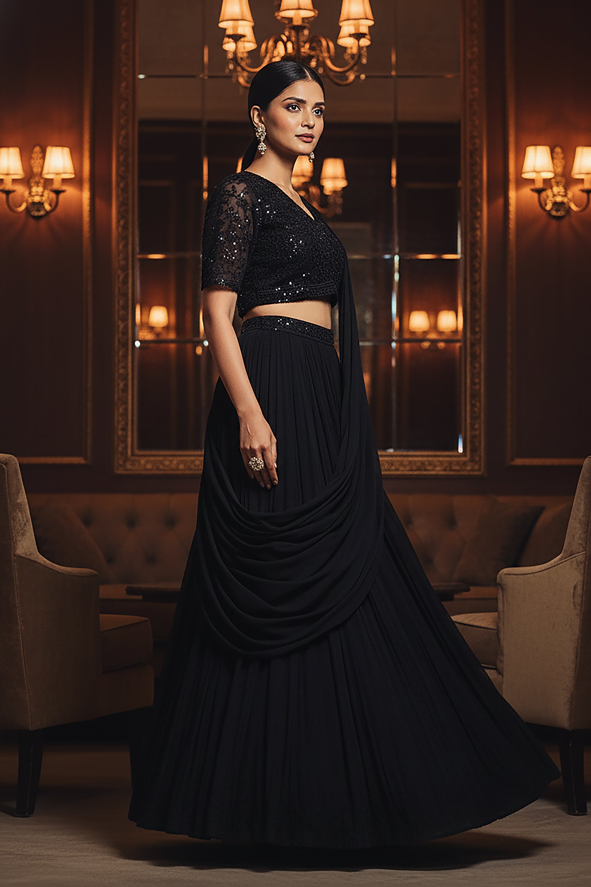 Midnight Enchant: Black Contemporary Lehenga with Handwork Blouse – Palkhi Fashion