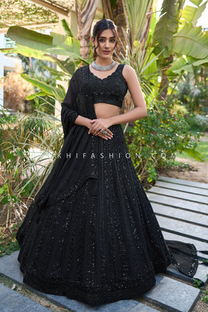 Midnight Majesty: Black Designer Lehenga Choli with Beads & Cutdana – Palkhi Fashion
