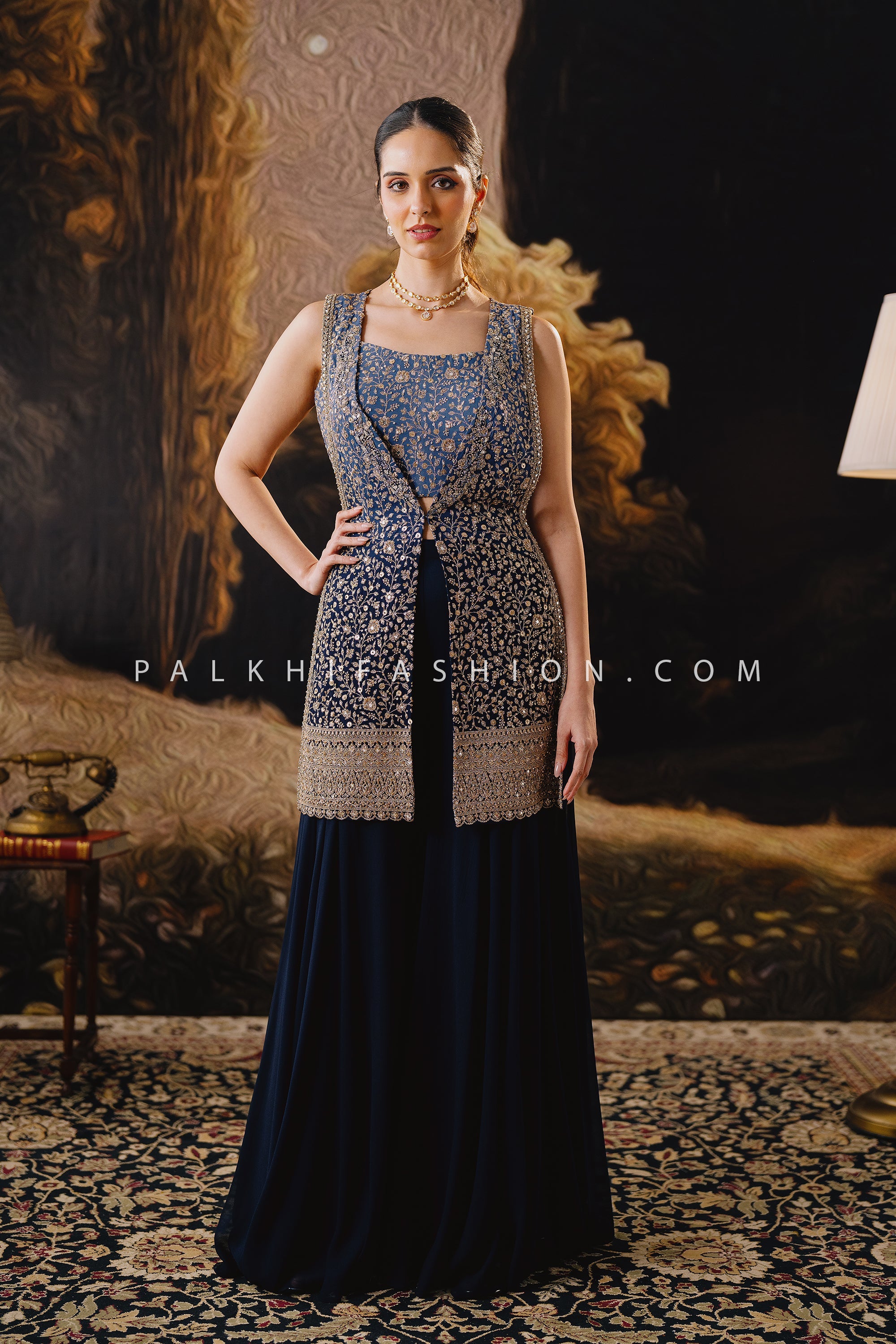 Midnight Majesty: Navy Crop Top Palazzo with Hand & Stone Embroidery – Palkhi Fashion Houston